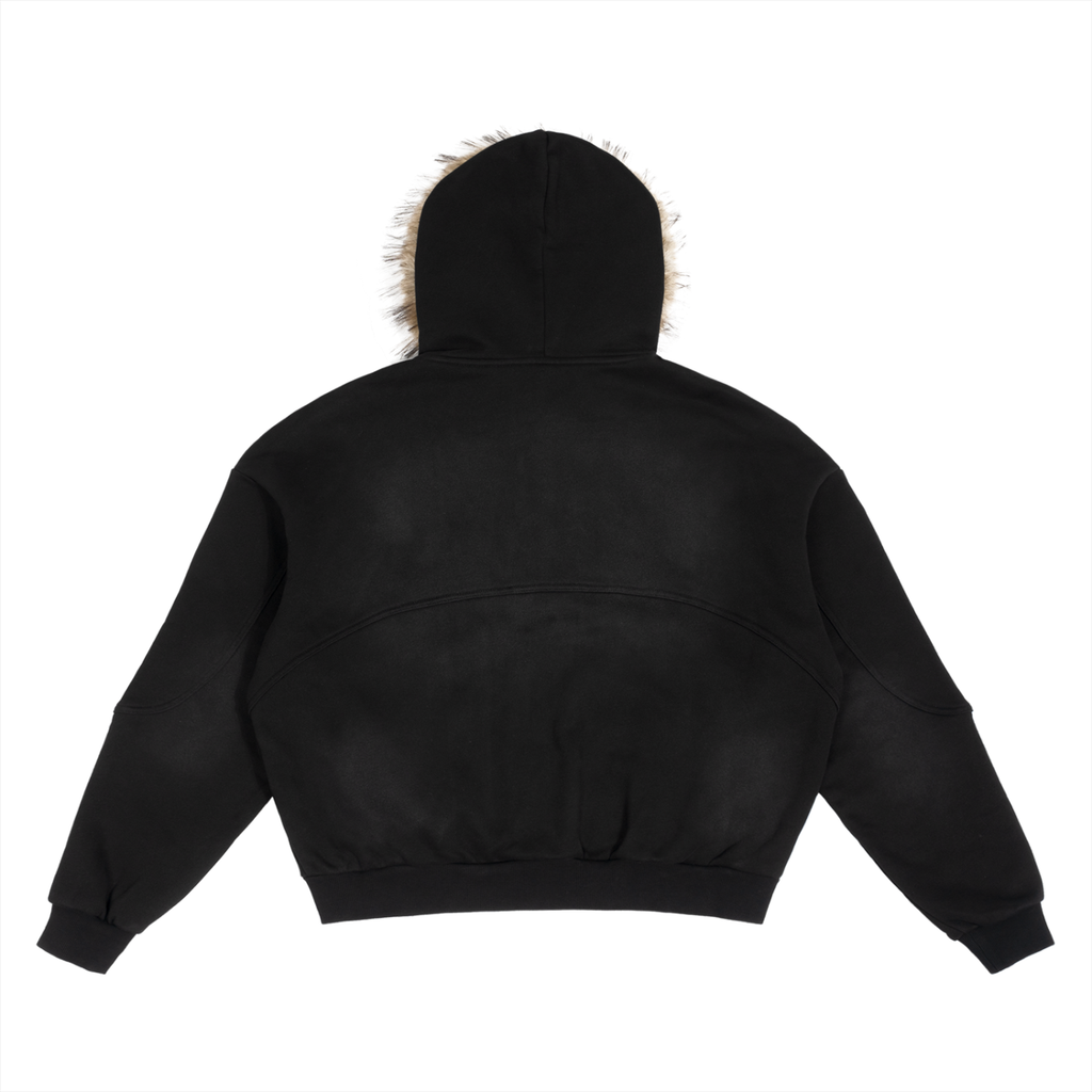 Mens 'ETHICALLY PROFANE' Sun Fade Boxy Detachable Fur Hoodie