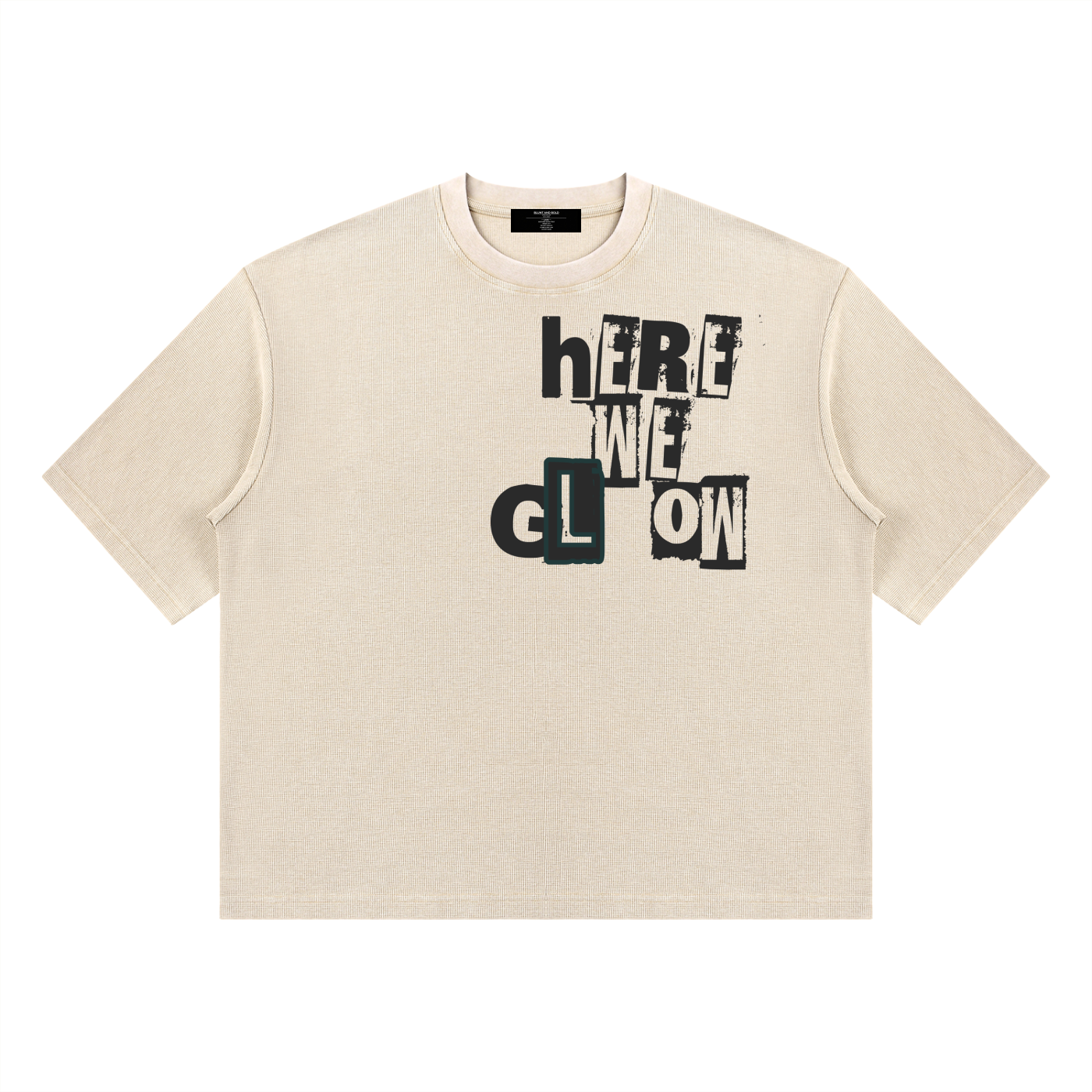 Mens 'HERE WE GLOW' Mineral Wash Waffle Boxy Tee