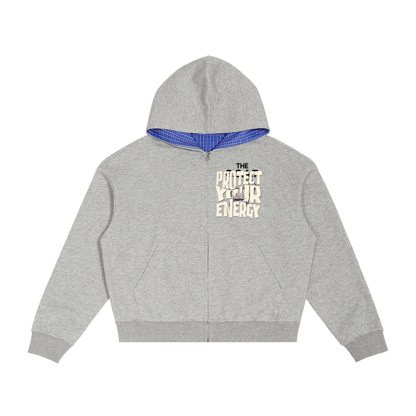 Mens 'PROTECT YOUR ENERGY' Contrast Plaid Boxy Zip Hoodie