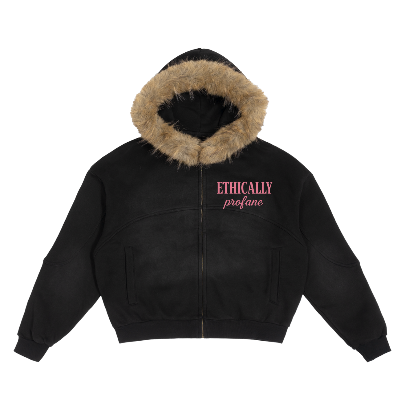 Mens 'ETHICALLY PROFANE' Sun Fade Boxy Detachable Fur Hoodie