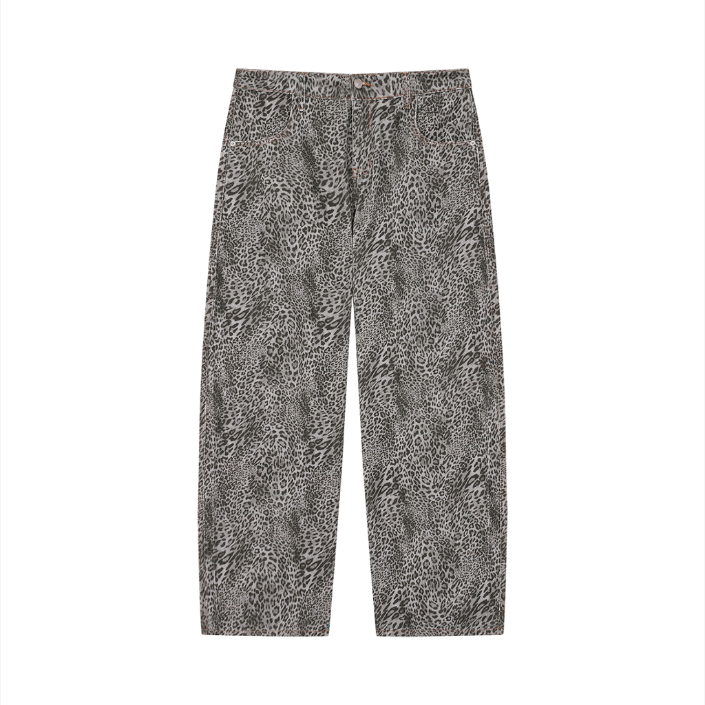 Mens Vintage Wash Leopard Wide Leg Jeans