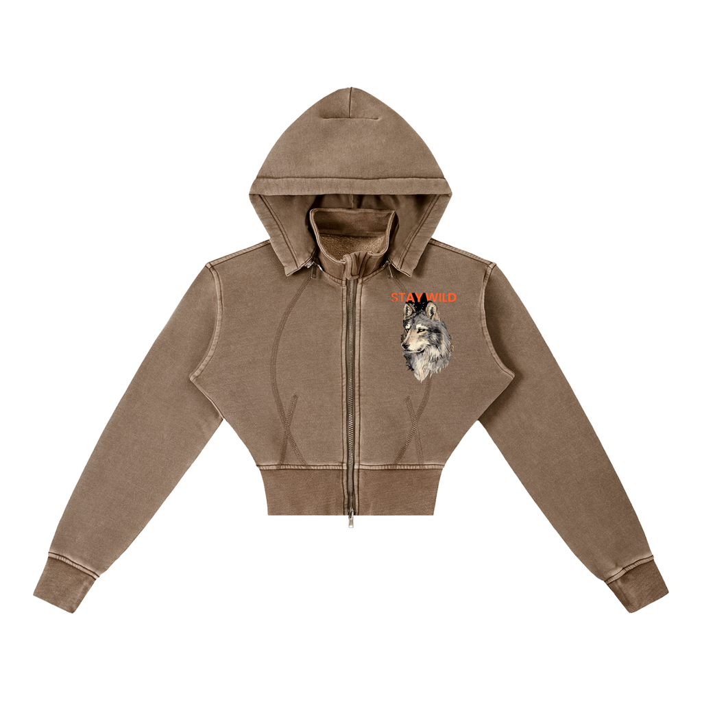 Womens 'STAY WILD' Vintage Washed Cropped Fleece Hoodie