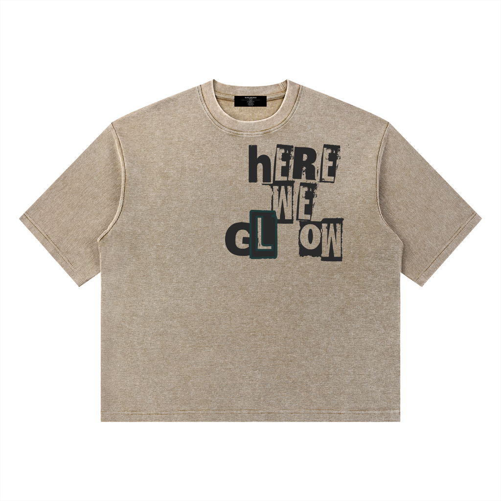 Mens 'HERE WE GLOW' Mineral Wash Waffle Boxy Tee