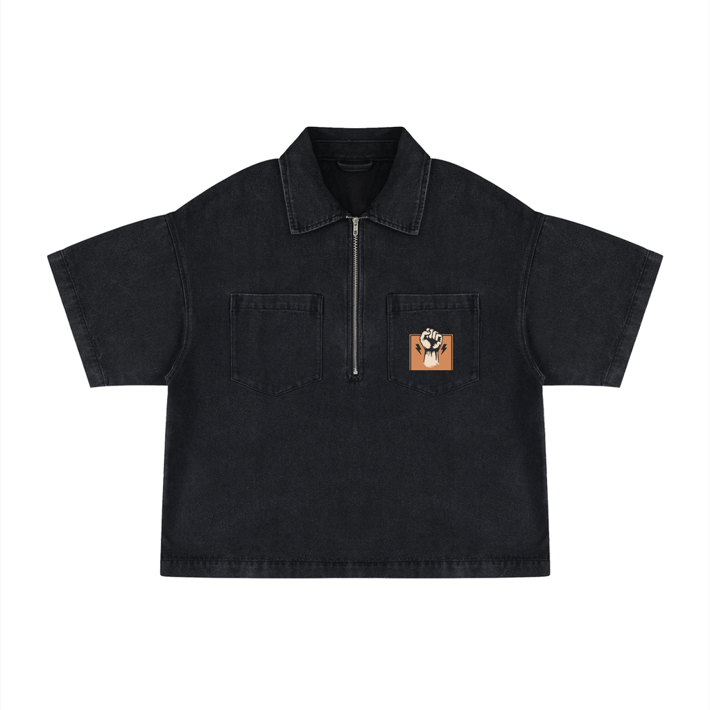 Unisex Vintage Wash Boxy Quarter-Zip Denim Shirt