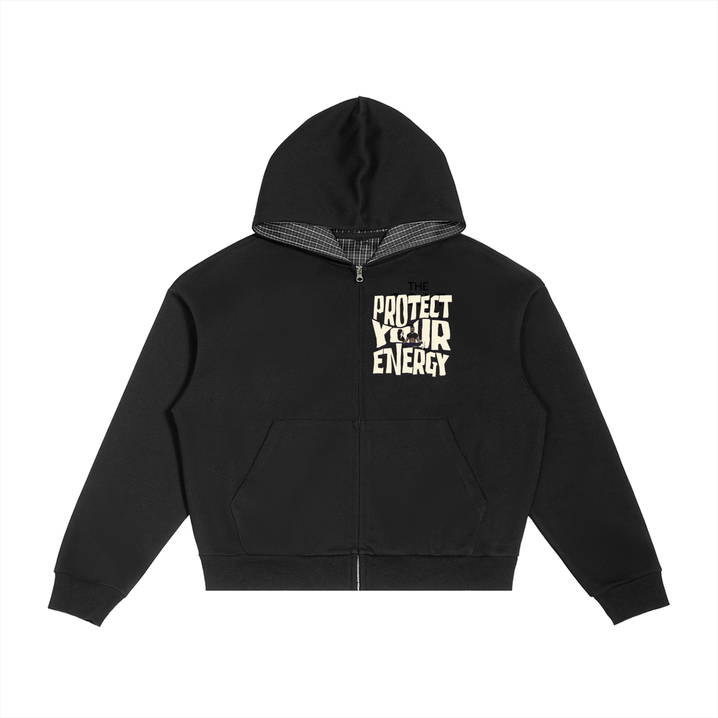 Mens 'PROTECT YOUR ENERGY' Contrast Plaid Boxy Zip Hoodie