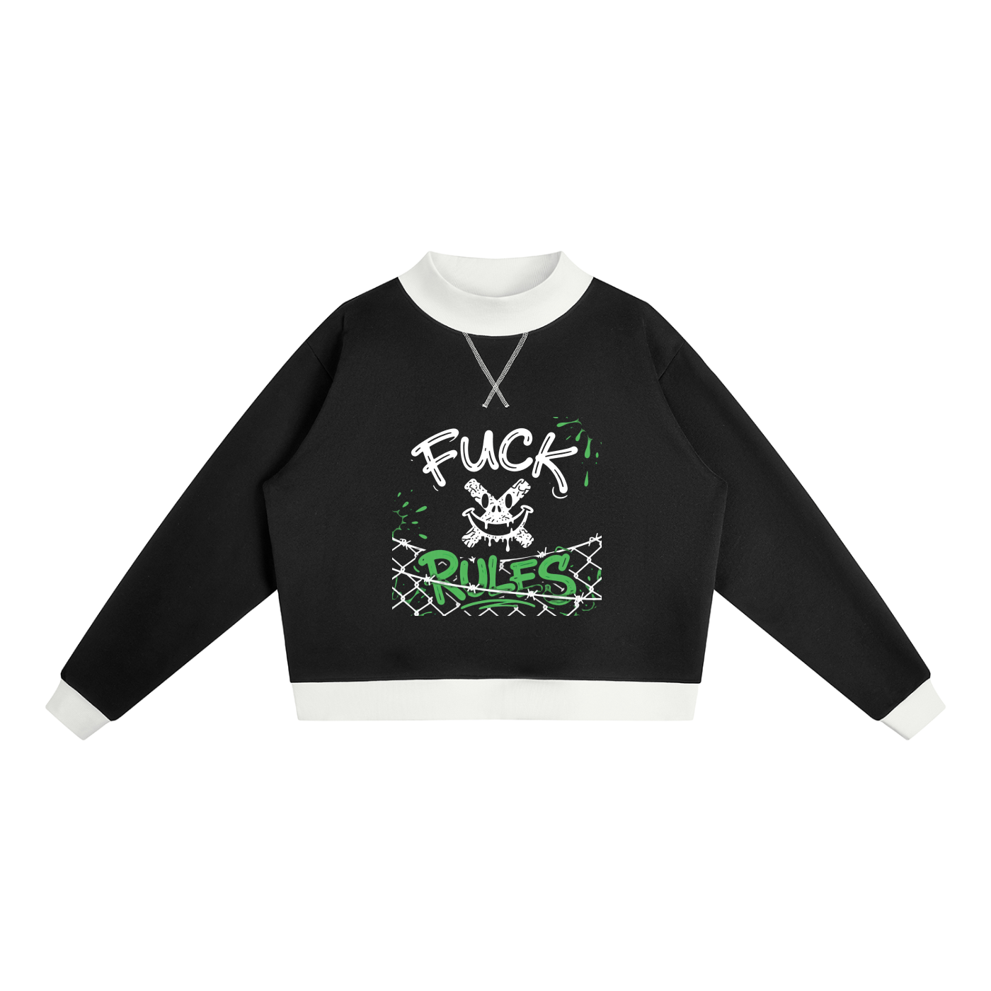 WOMENS ' FUCK RULES ; Mock Neck Crewneck Sweatshirt
