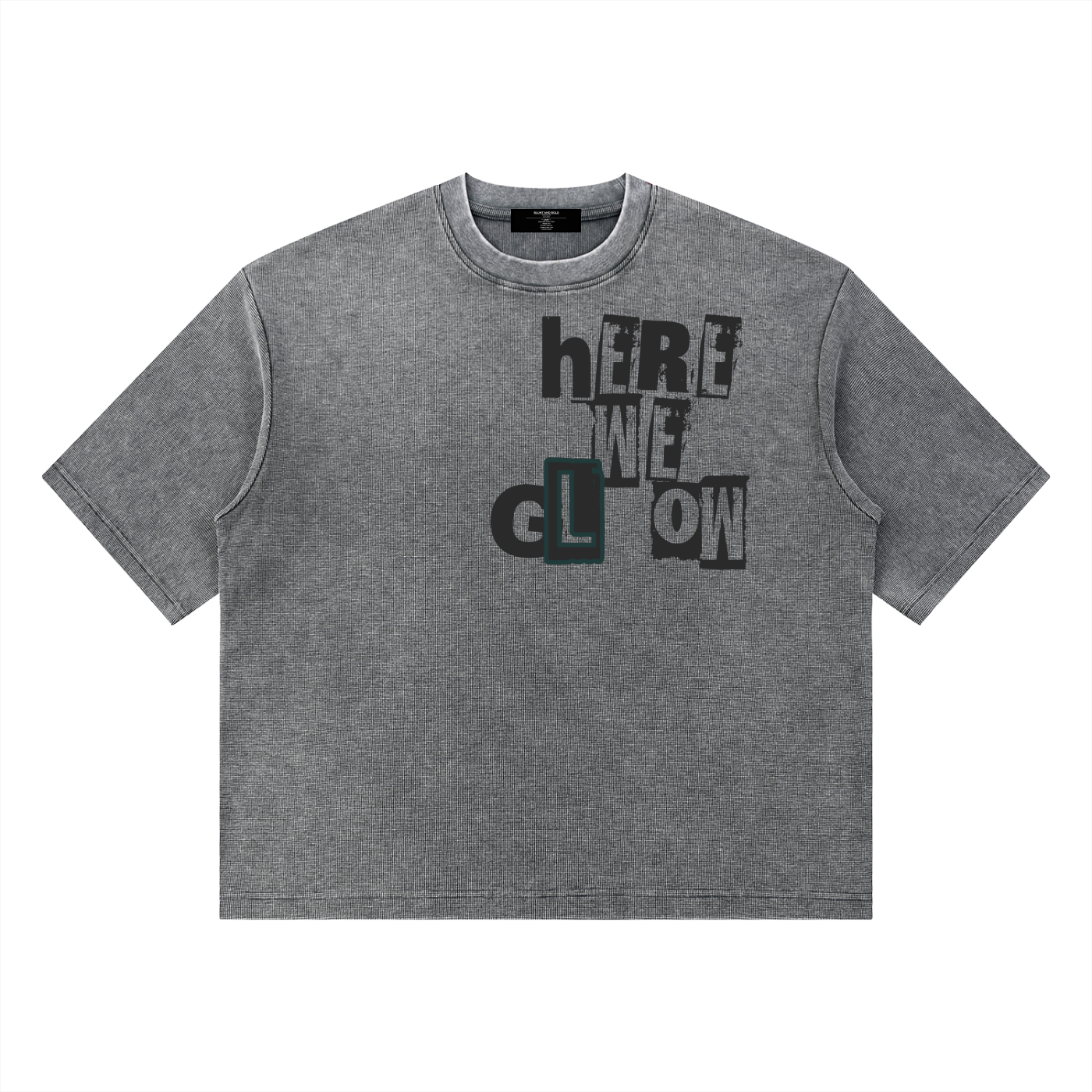 Mens 'HERE WE GLOW' Mineral Wash Waffle Boxy Tee