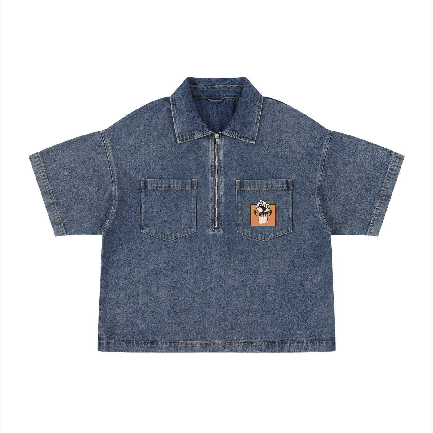 Unisex Vintage Wash Boxy Quarter-Zip Denim Shirt