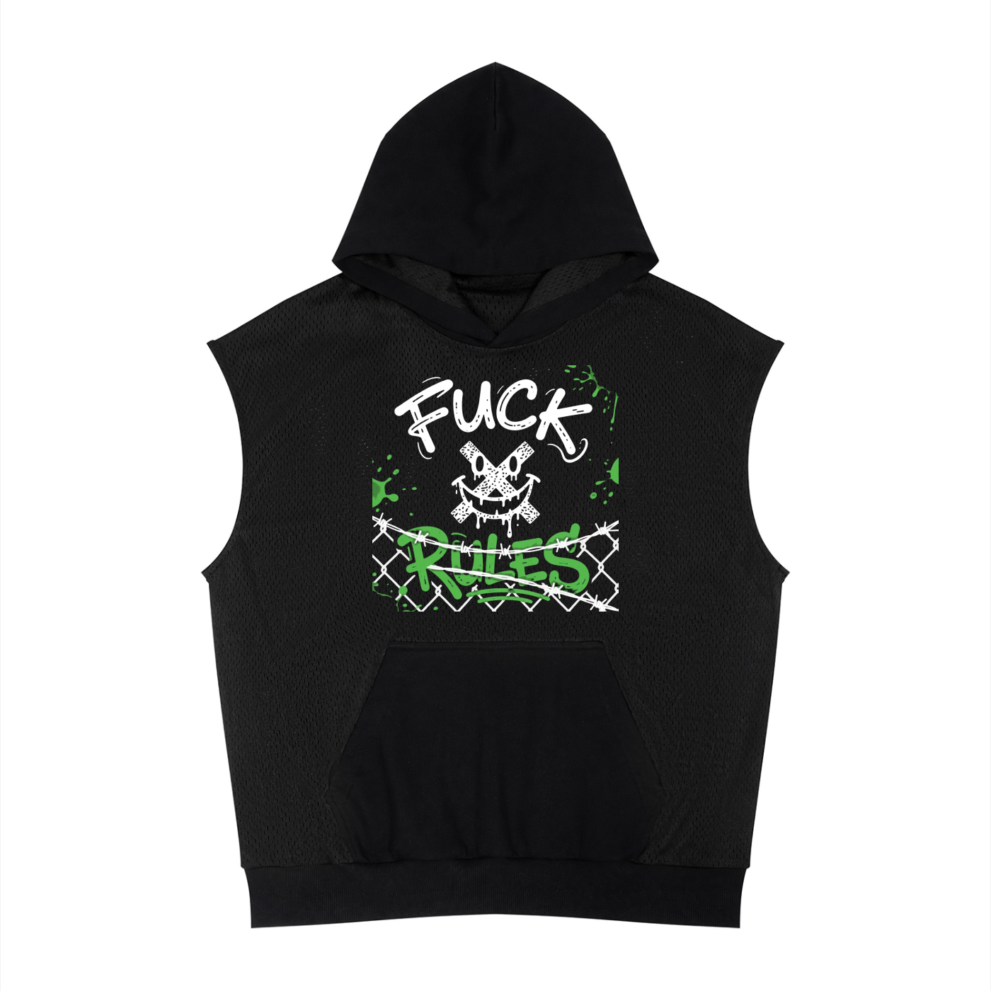 MENS ' FUCK RULES  Panel Mesh Sleeveless Hoodie