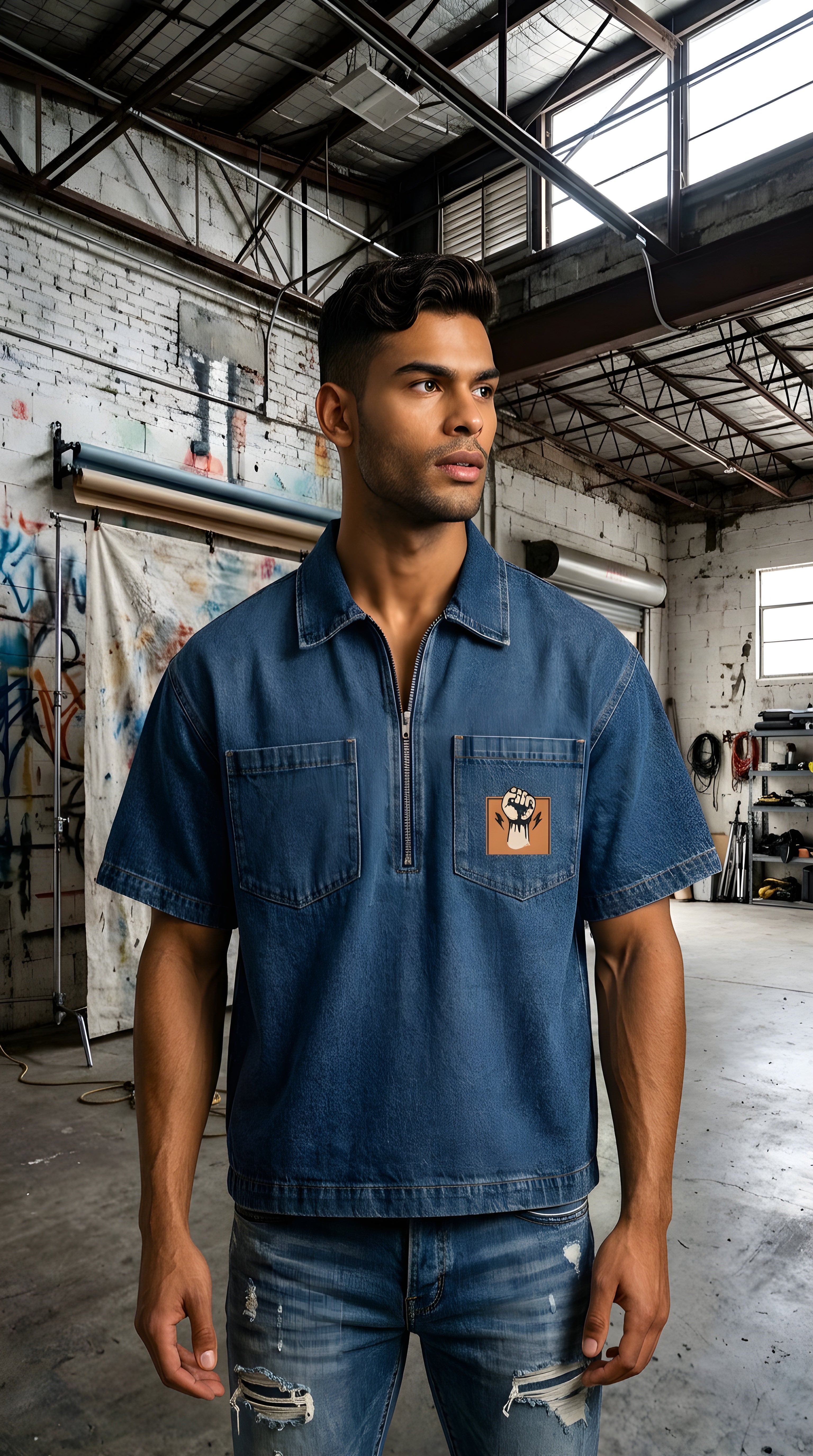 Mens 'POWER"  Vintage Wash Boxy Quarter-Zip Denim Shirt