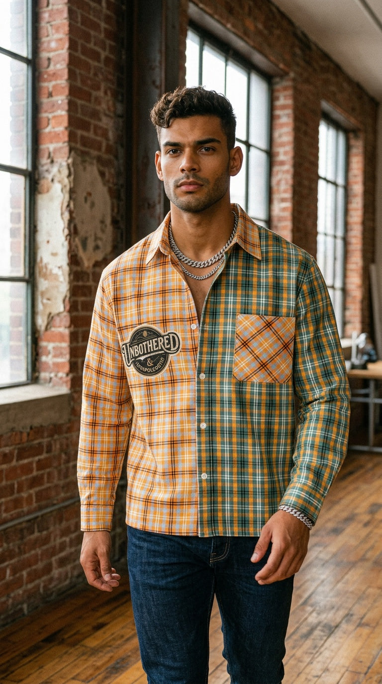 MENS ' UNBOTHERED '  Oversized Plaid Color Block Shirt