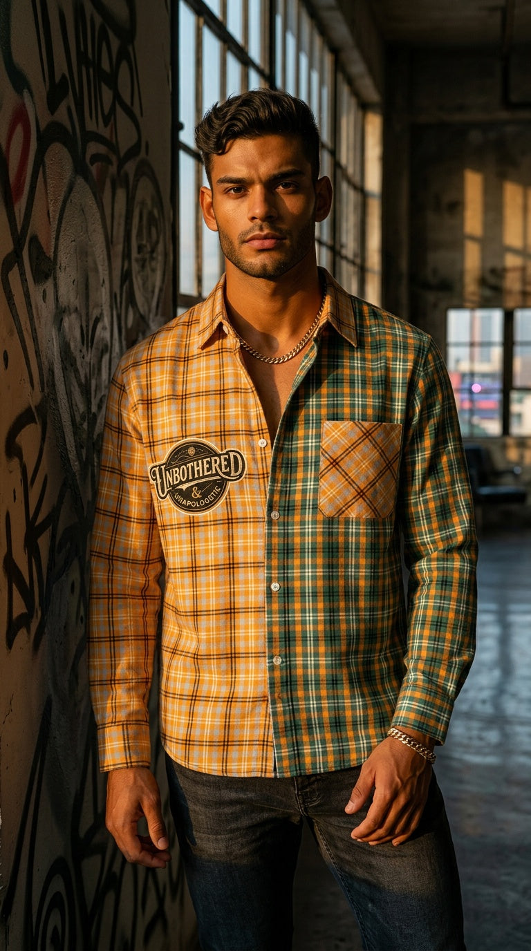 MENS ' UNBOTHERED '  Oversized Plaid Color Block Shirt