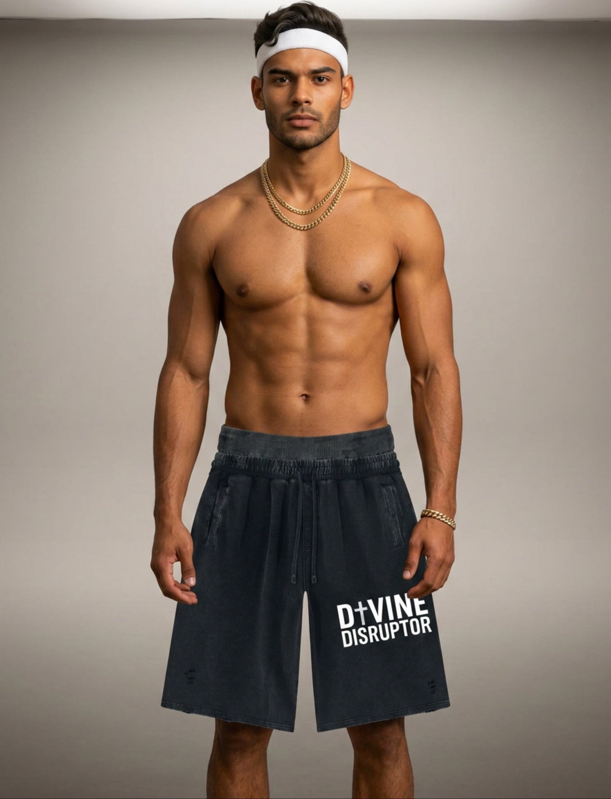MENS 'DIVINE DISRUPTOR'  Vintage Wash Distressed Wide Leg Shorts