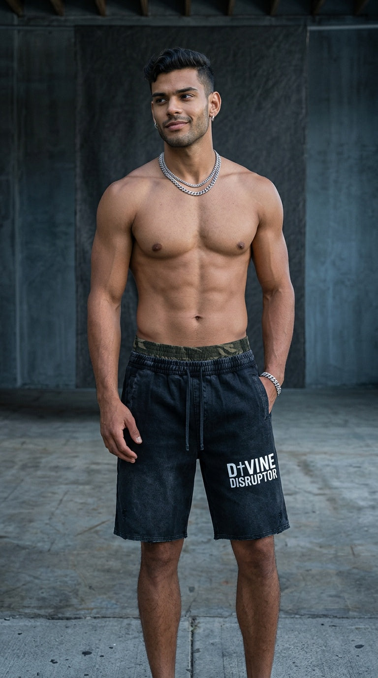 MENS  'DIVINE DISRPUPTOR ' Vintage Wash Distressed Wide Leg Shorts