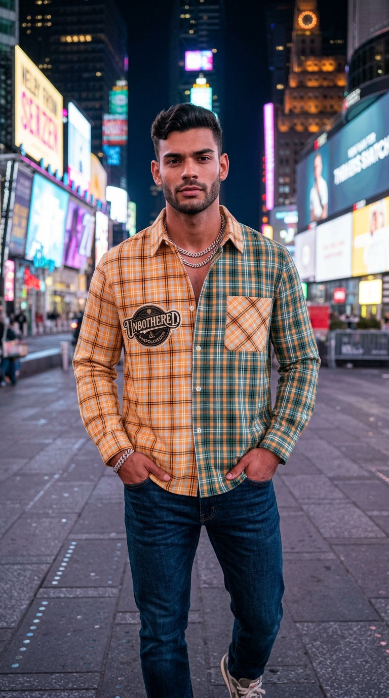 MENS ' UNBOTHERED '  Oversized Plaid Color Block Shirt