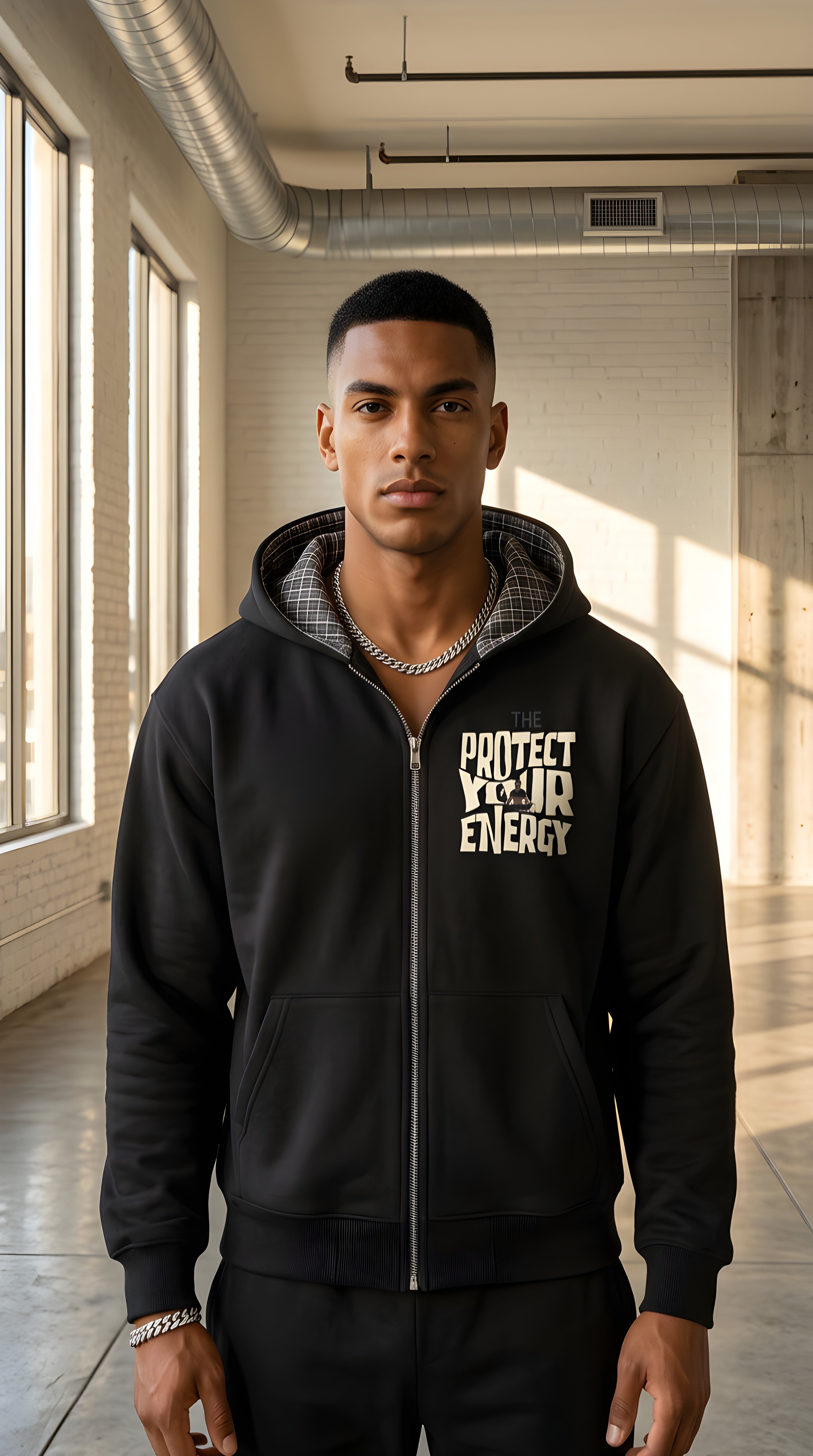 Mens 'PROTECT YOUR ENERGY' Contrast Plaid Boxy Zip Hoodie