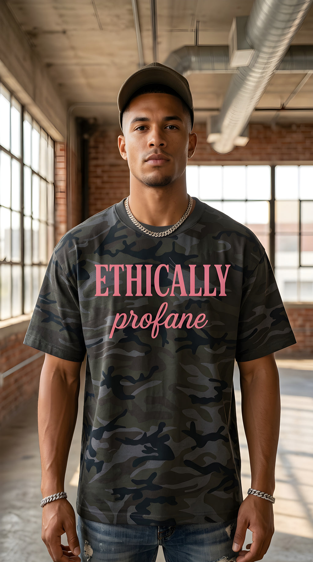 Mens 'ETHICALLY PROFANE' Camo Boxy Tee