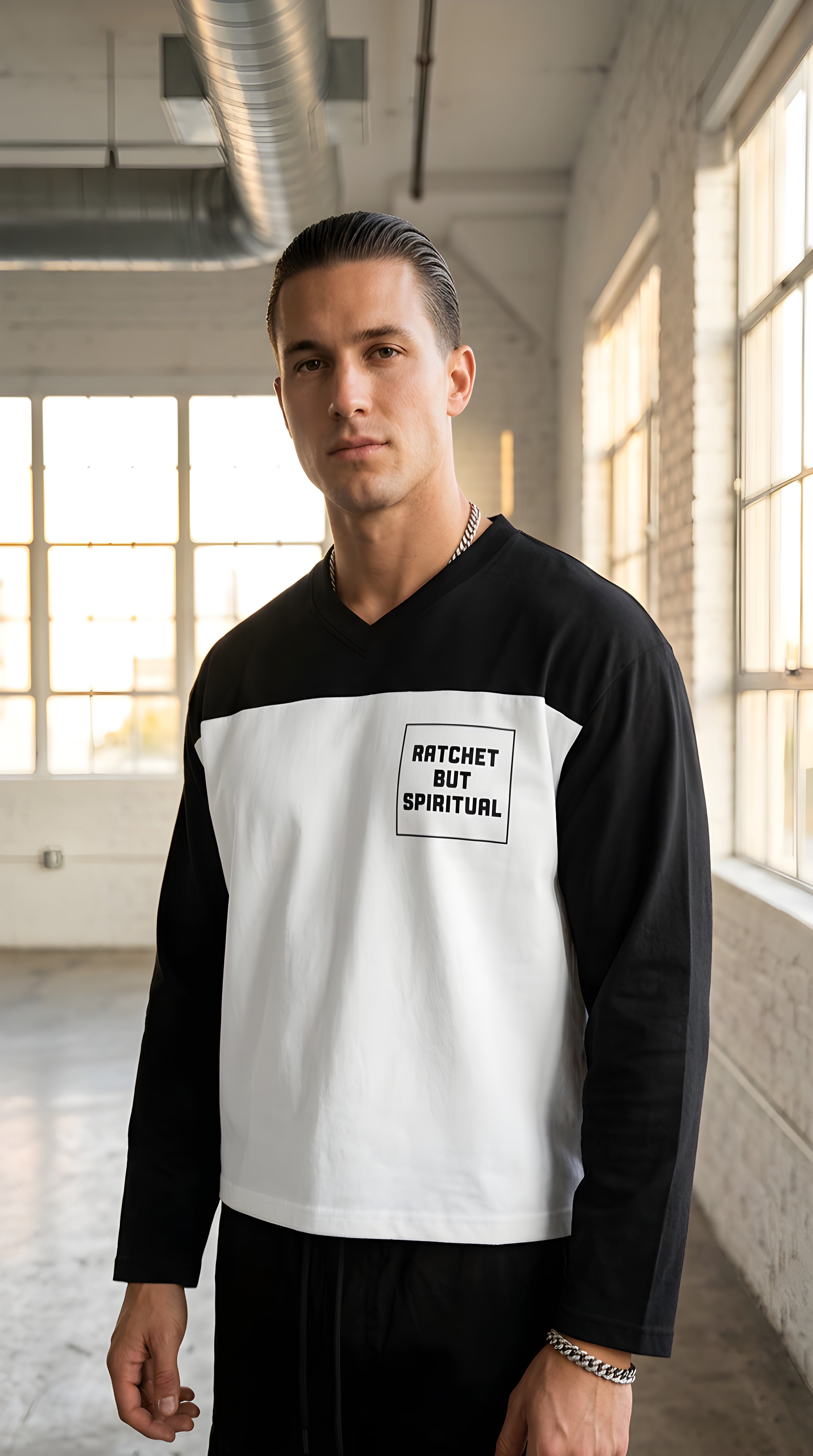 Mens 'RATCHET BUT SPIRITUAL' Sun Fade Color-Block Tee