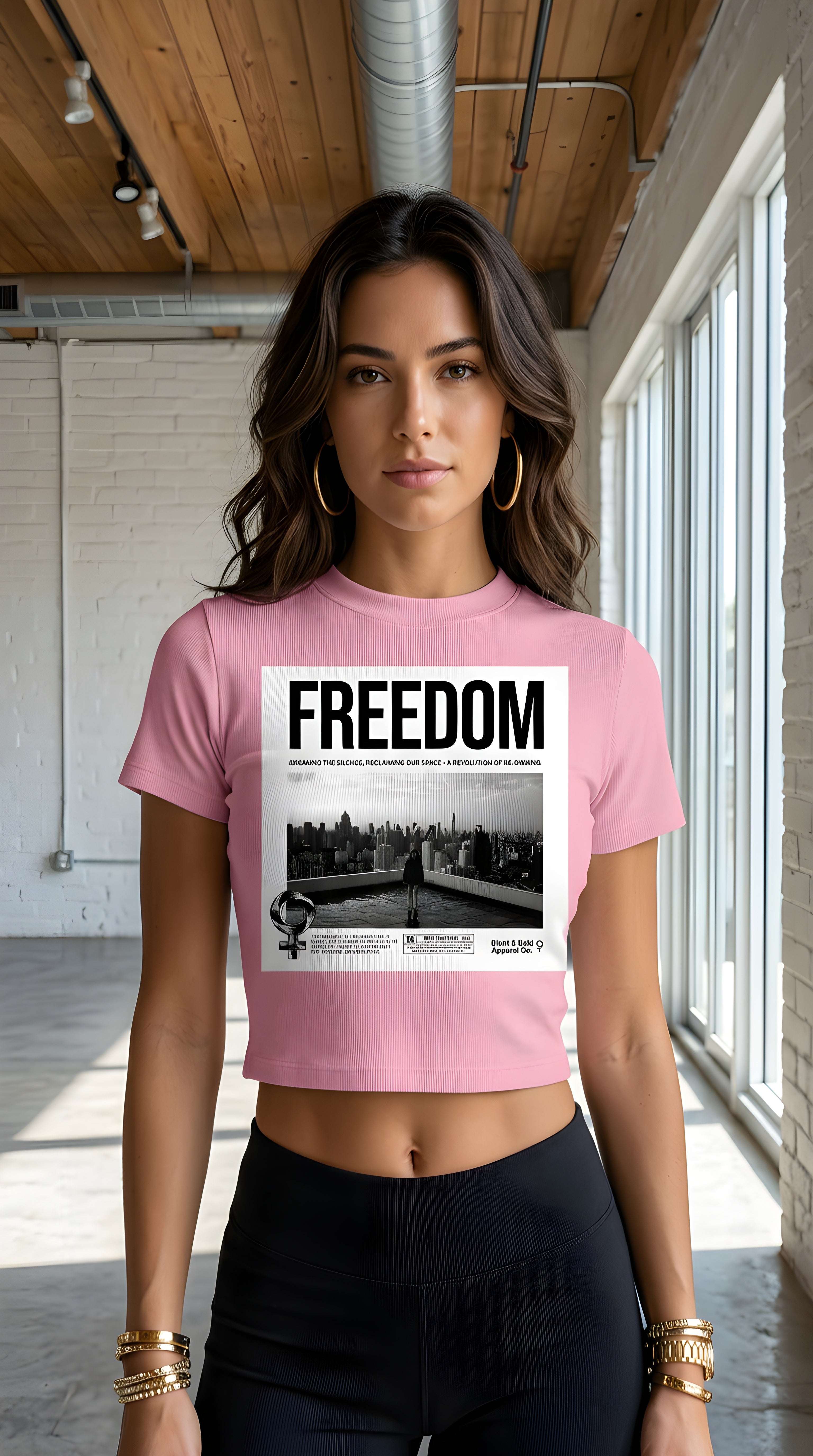 Womens 'FREEDOM" Essential Slim Fit Mock Neck Tee