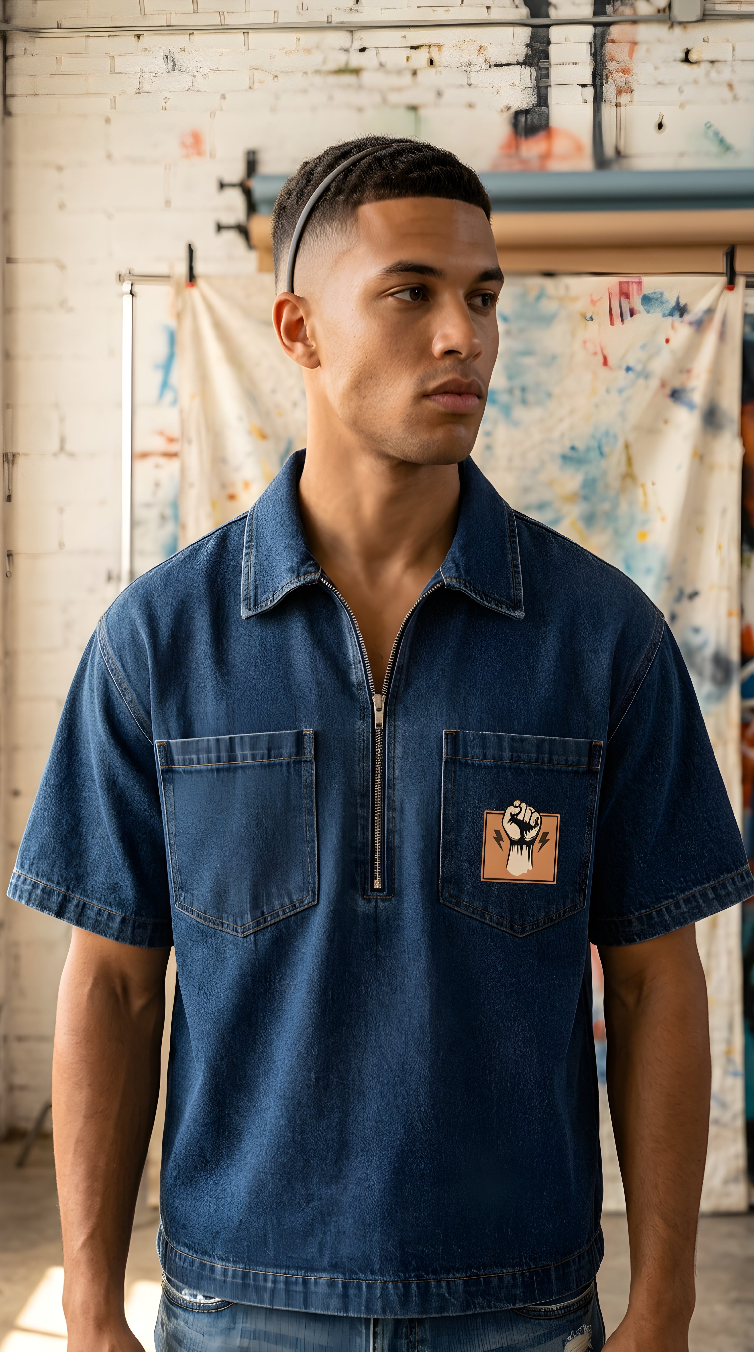 Mens 'POWER"  Vintage Wash Boxy Quarter-Zip Denim Shirt