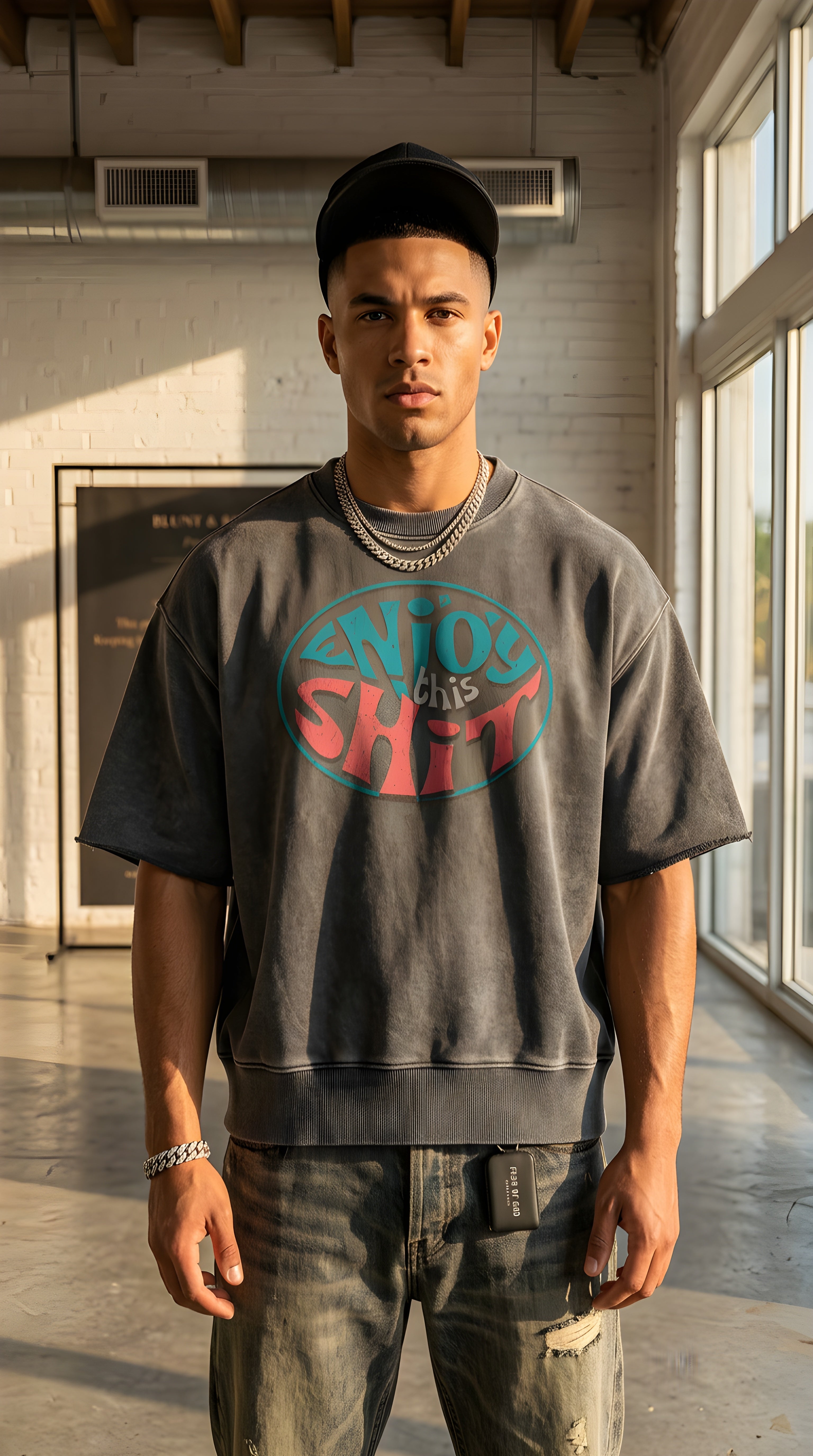 Mens 'ENJOY THIS SHIT' Mineral Wash Boxy Raw Edge Shirt