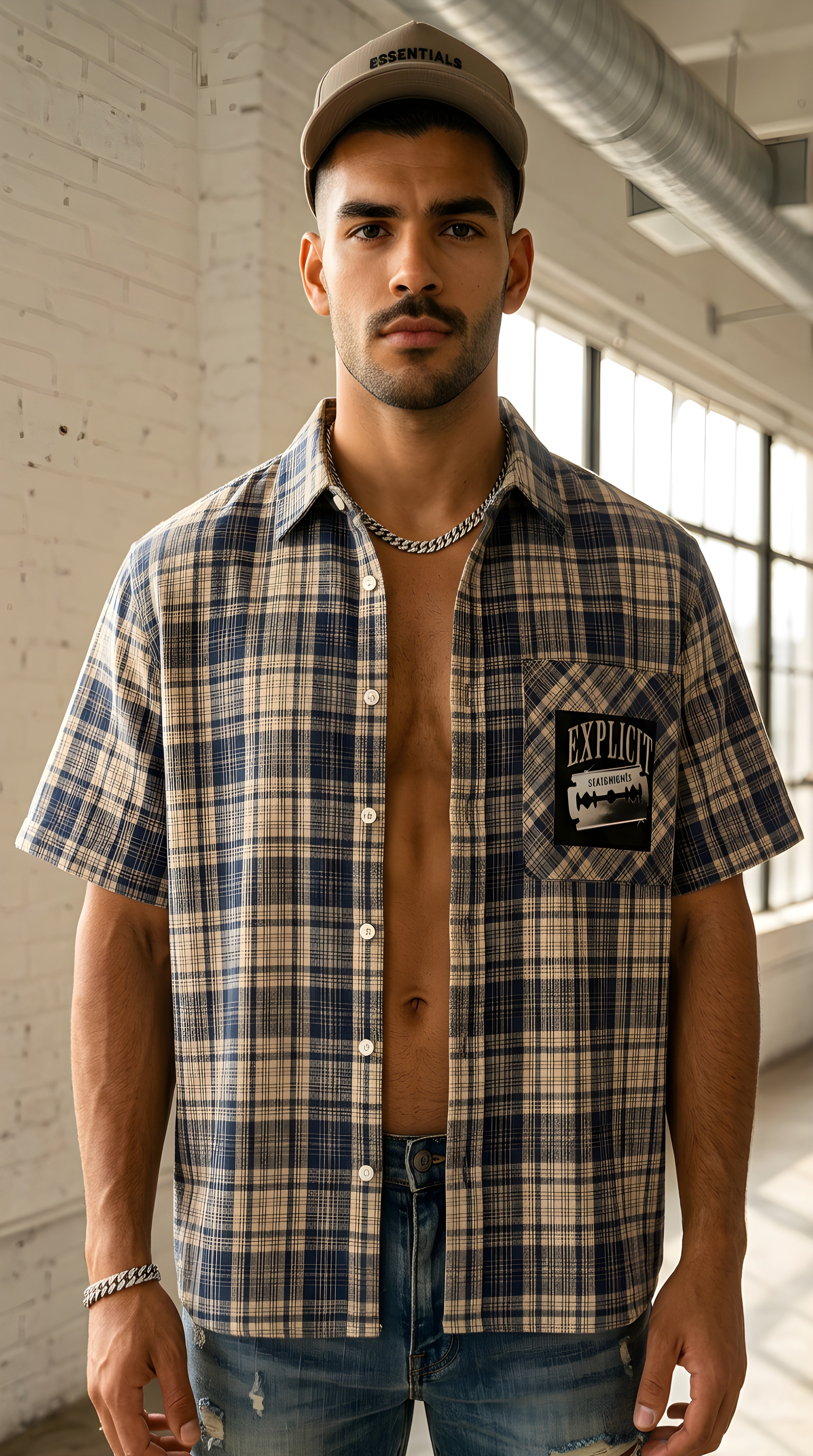 Mens 'EXPLICIT' Plaid Boxy Short Sleeve Shirt