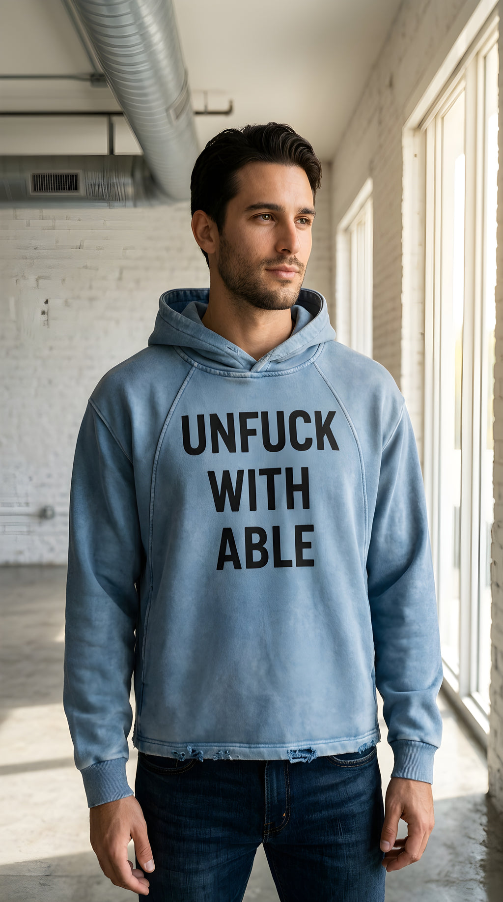 Mens 'UNFUCKWITHABLE' Vintage Washed Frayed-Hem Hoodie