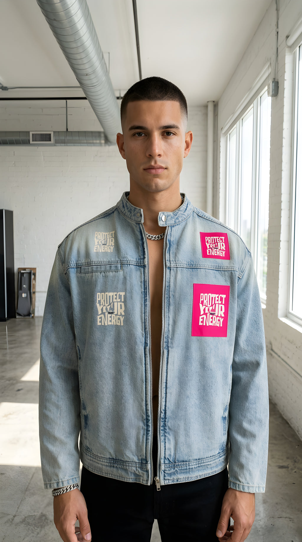 Mens 'PROTECT YOUR ENERGY"  Vintage Wash Zip Denim Jacket