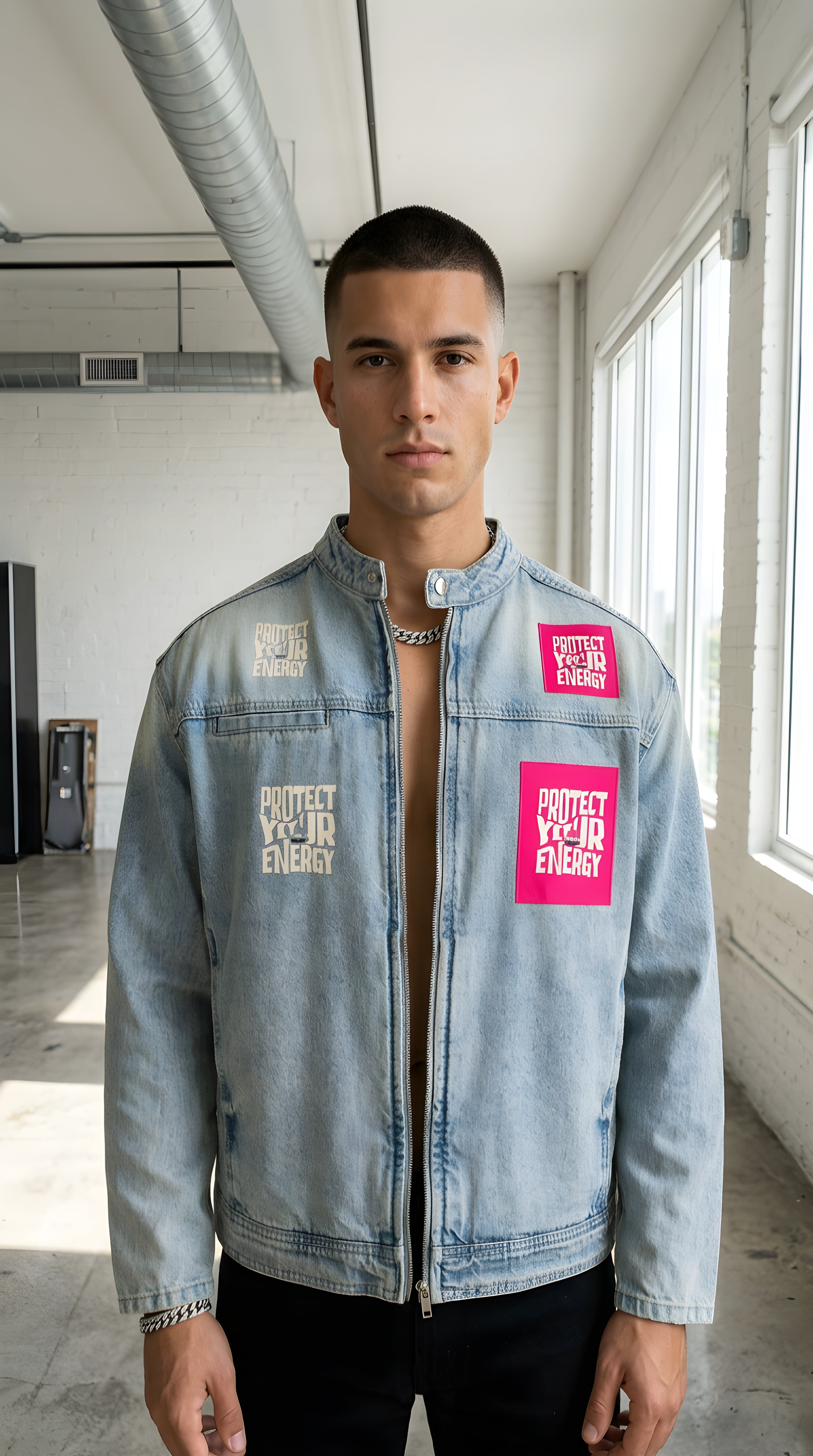 Mens 'PROTECT YOUR ENERGY"  Vintage Wash Zip Denim Jacket