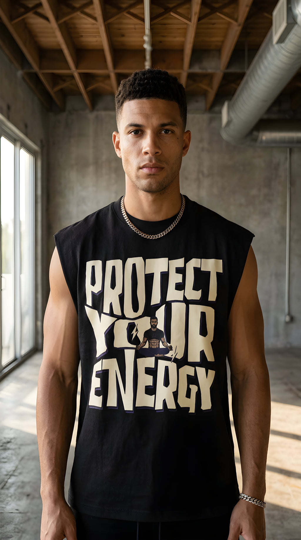 Mens 'PROTECT YOUR ENERGY' Raw Edge Cotton Tank