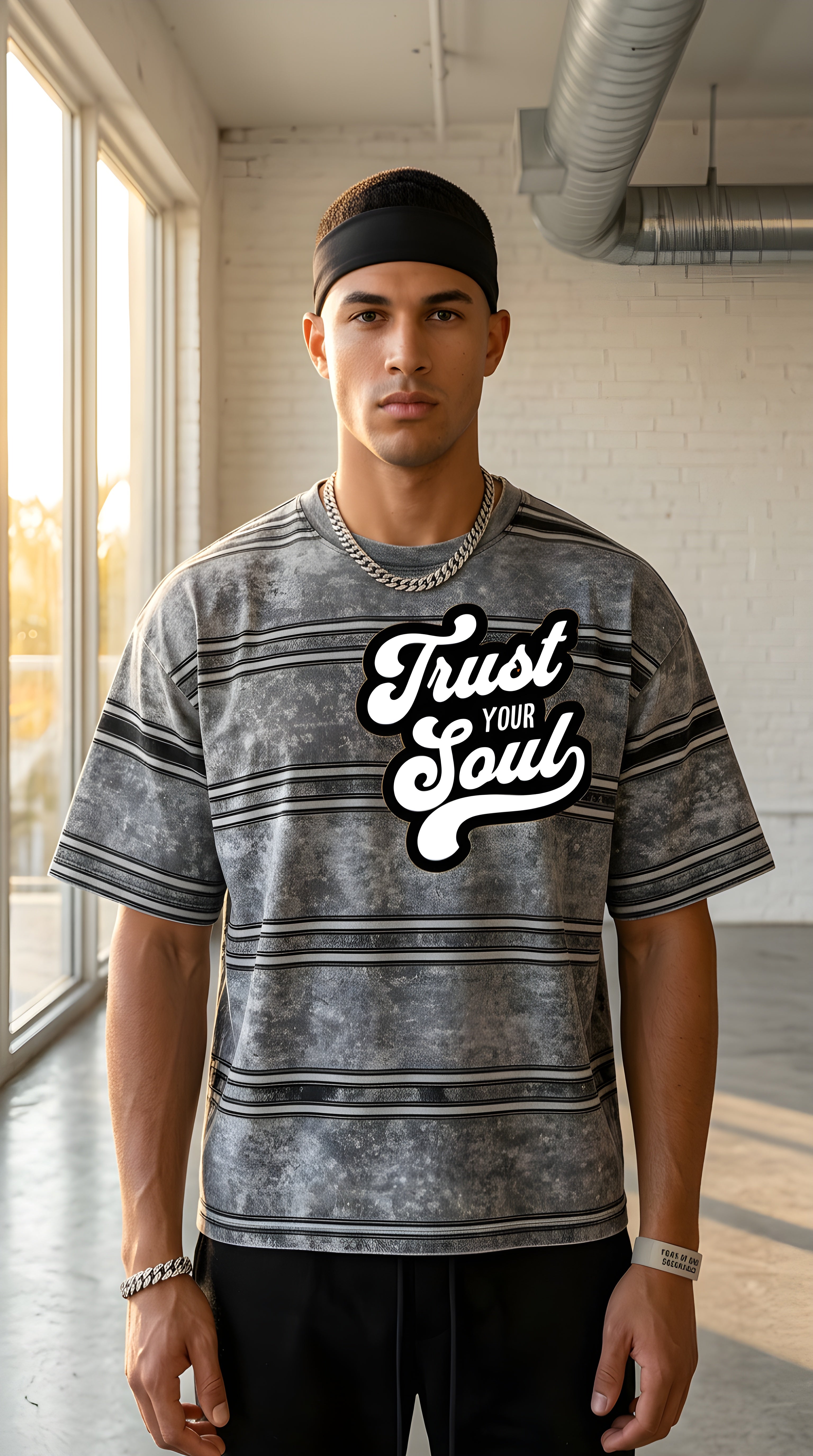 Mens 'TRUST YOUR SOUL" Snow Washed Striped Boxy Tee
