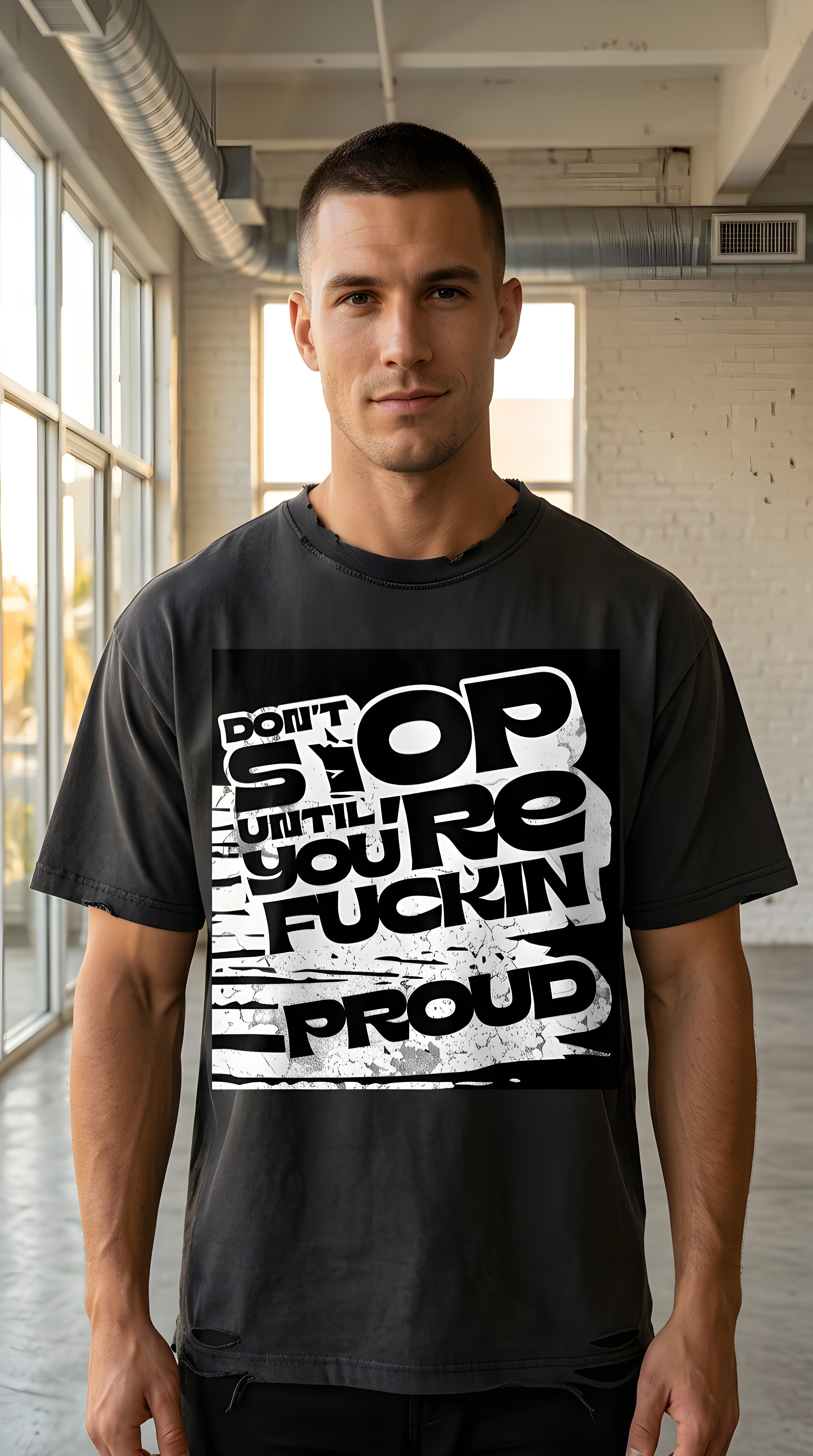 Mens 'STOP' Snow Washed Raw-Hem Tee