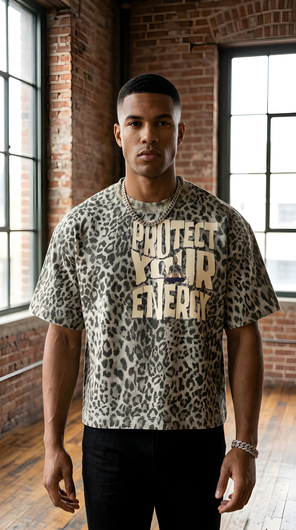 Mens  'PROTECT YOUR ENERGY" Leopard Print Boxy Tee