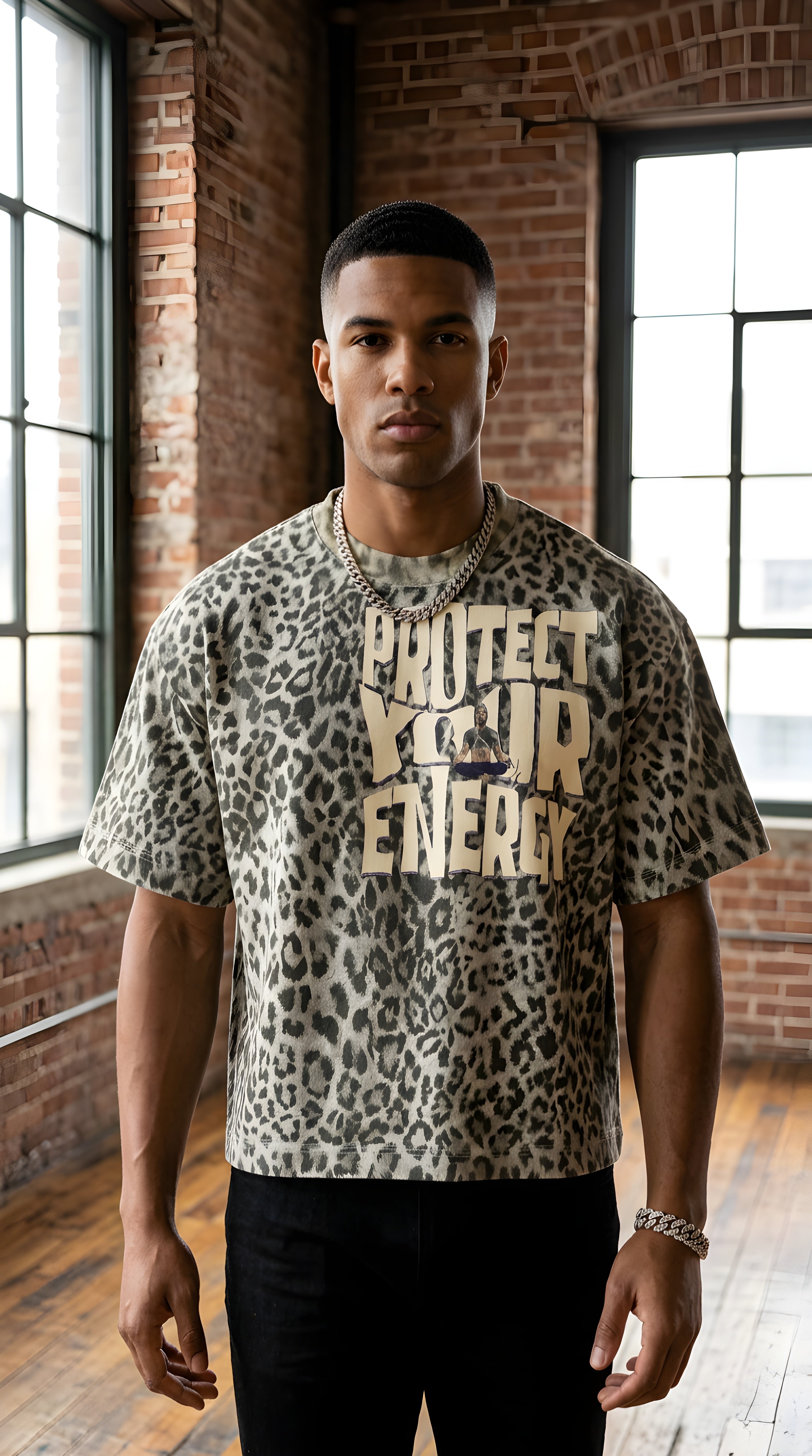 Mens  'PROTECT YOUR ENERGY" Leopard Print Boxy Tee