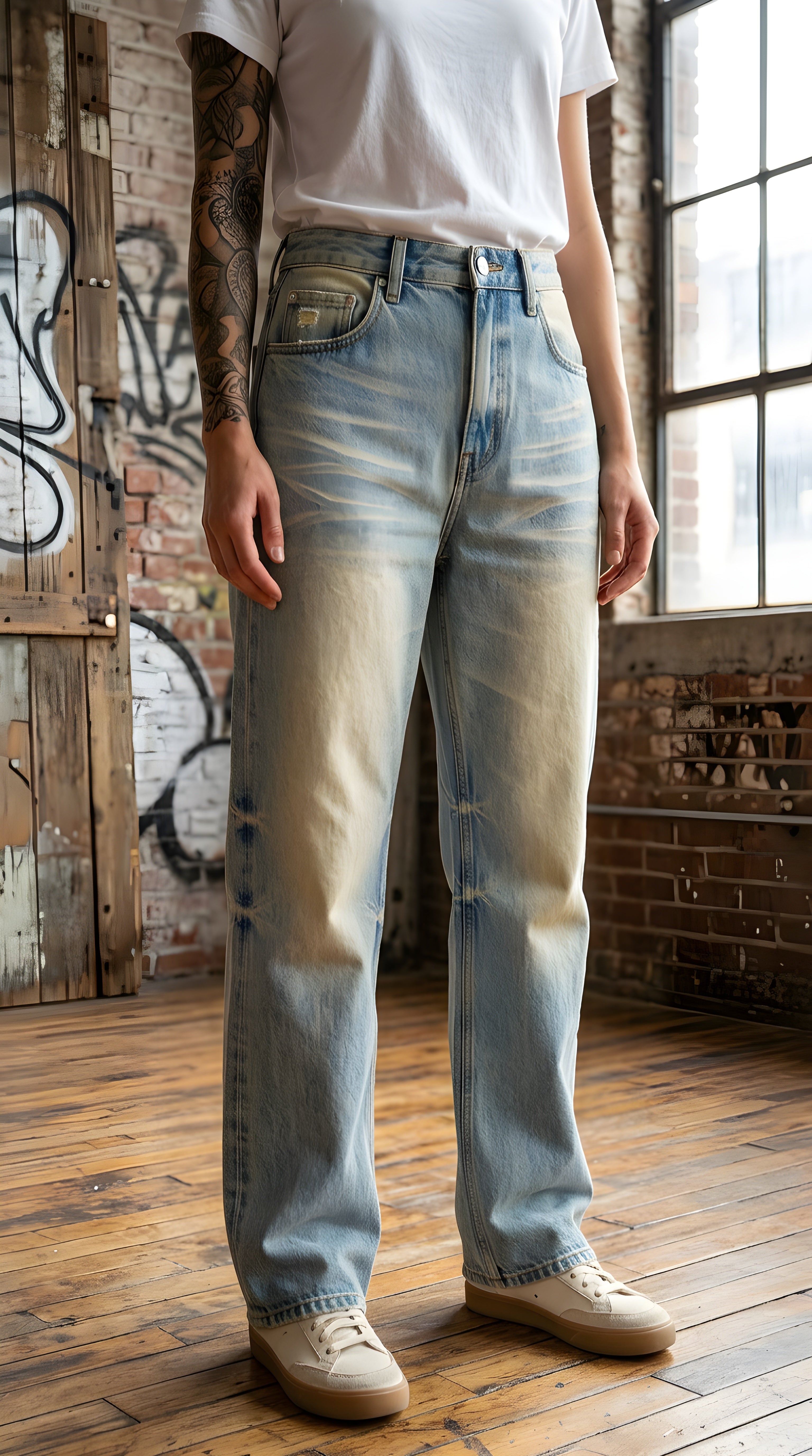 Sun Fade Raw Hem Denim Jeans
