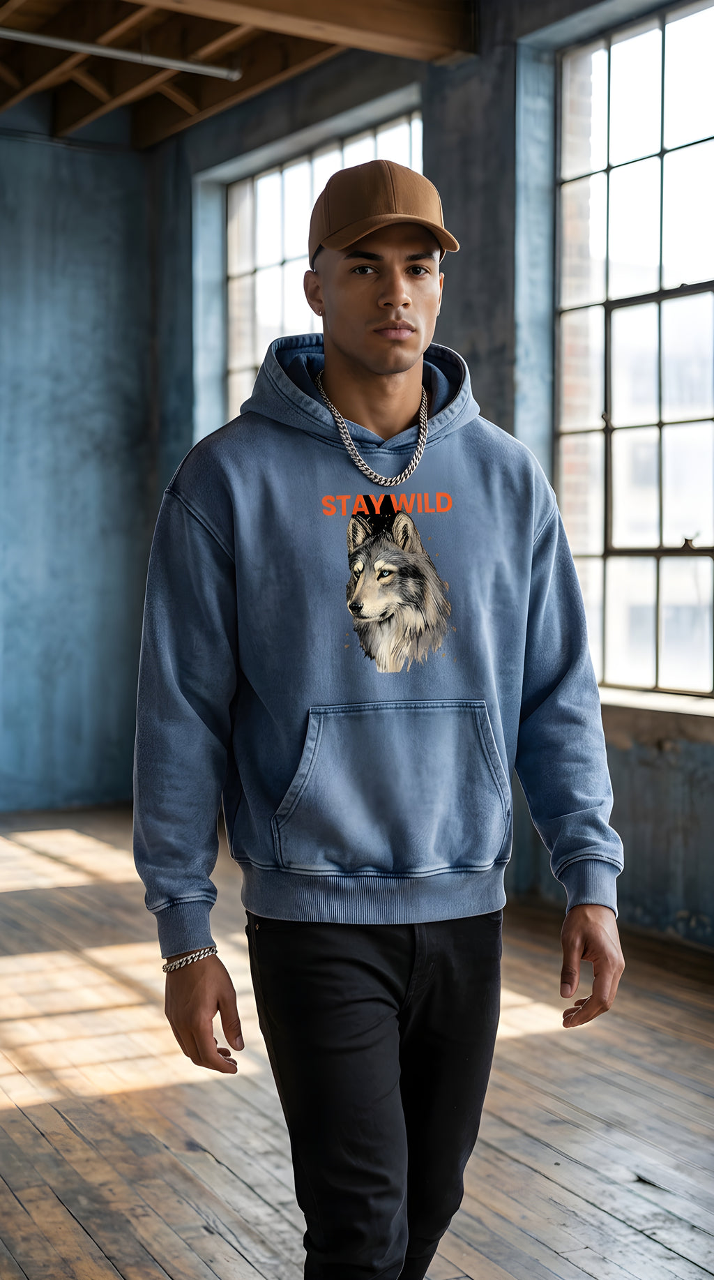 Mens 'STAY WILD" Snow Wash Oversized Hoodie