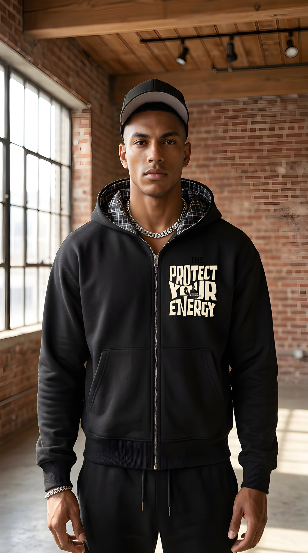 Mens 'PROTECT YOUR ENERGY' Contrast Plaid Boxy Zip Hoodie