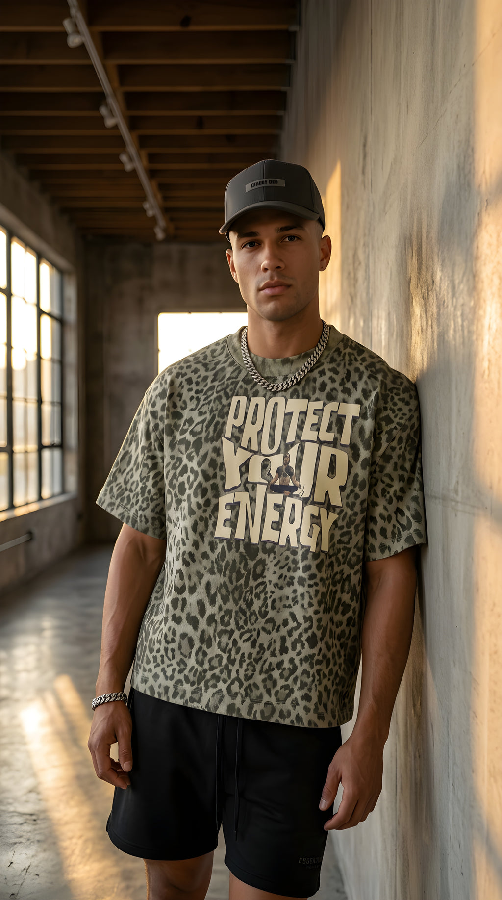 Mens  'PROTECT YOUR ENERGY" Leopard Print Boxy Tee