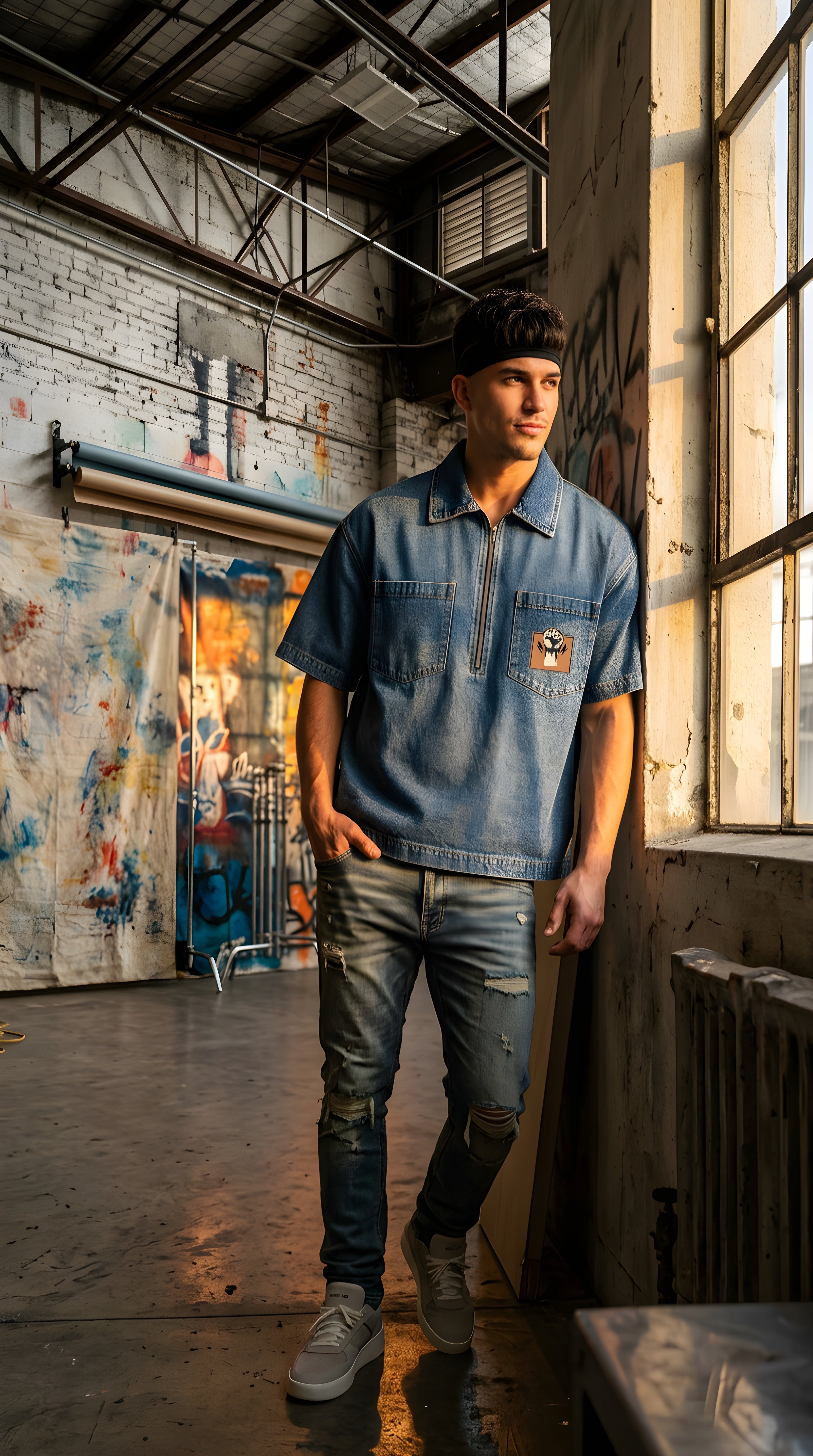 Mens 'POWER"  Vintage Wash Boxy Quarter-Zip Denim Shirt