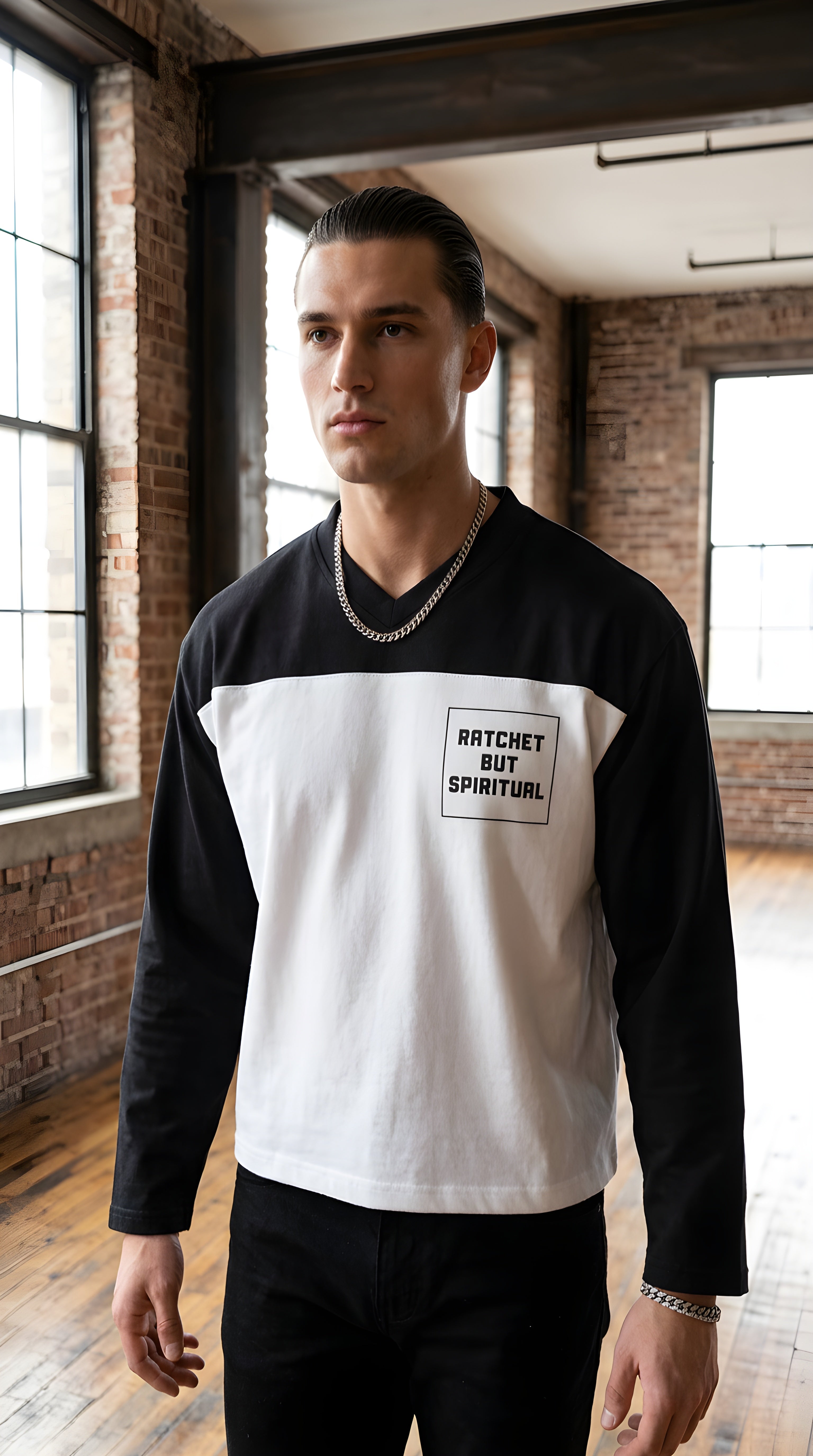 Mens 'RATCHET BUT SPIRITUAL' Sun Fade Color-Block Tee