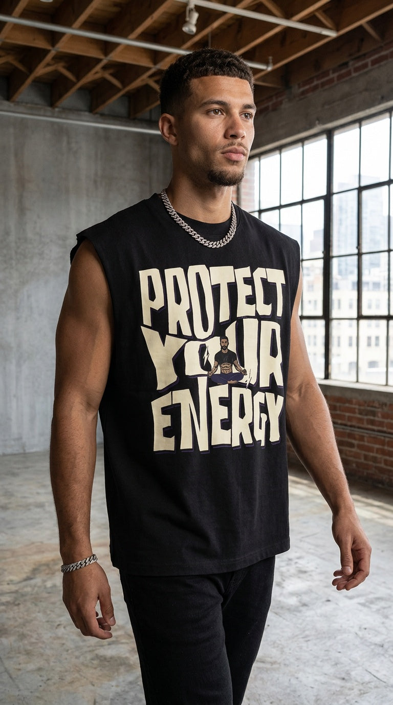 Mens 'PROTECT YOUR ENERGY' Raw Edge Cotton Tank
