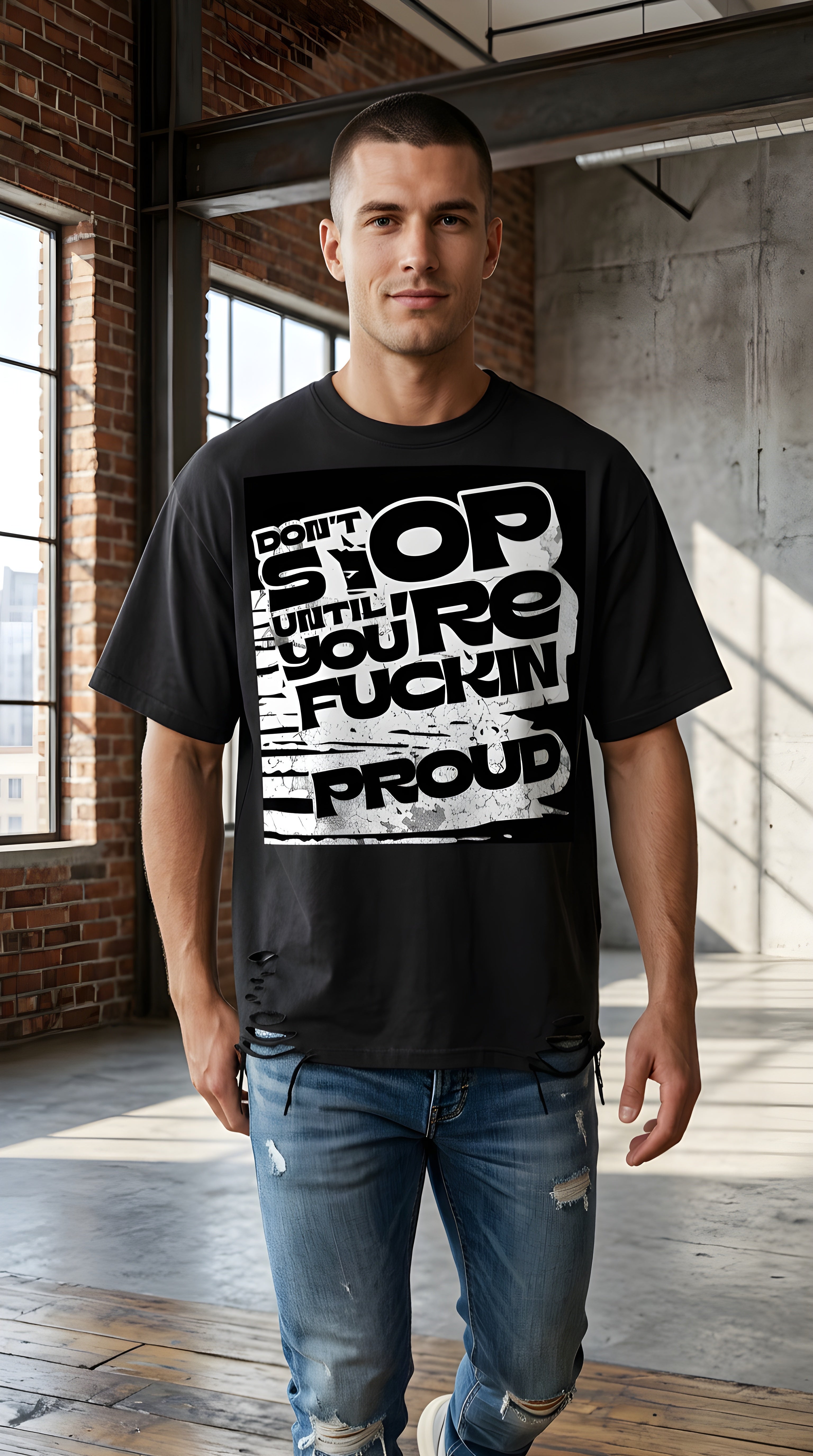 Mens 'STOP' Snow Washed Raw-Hem Tee