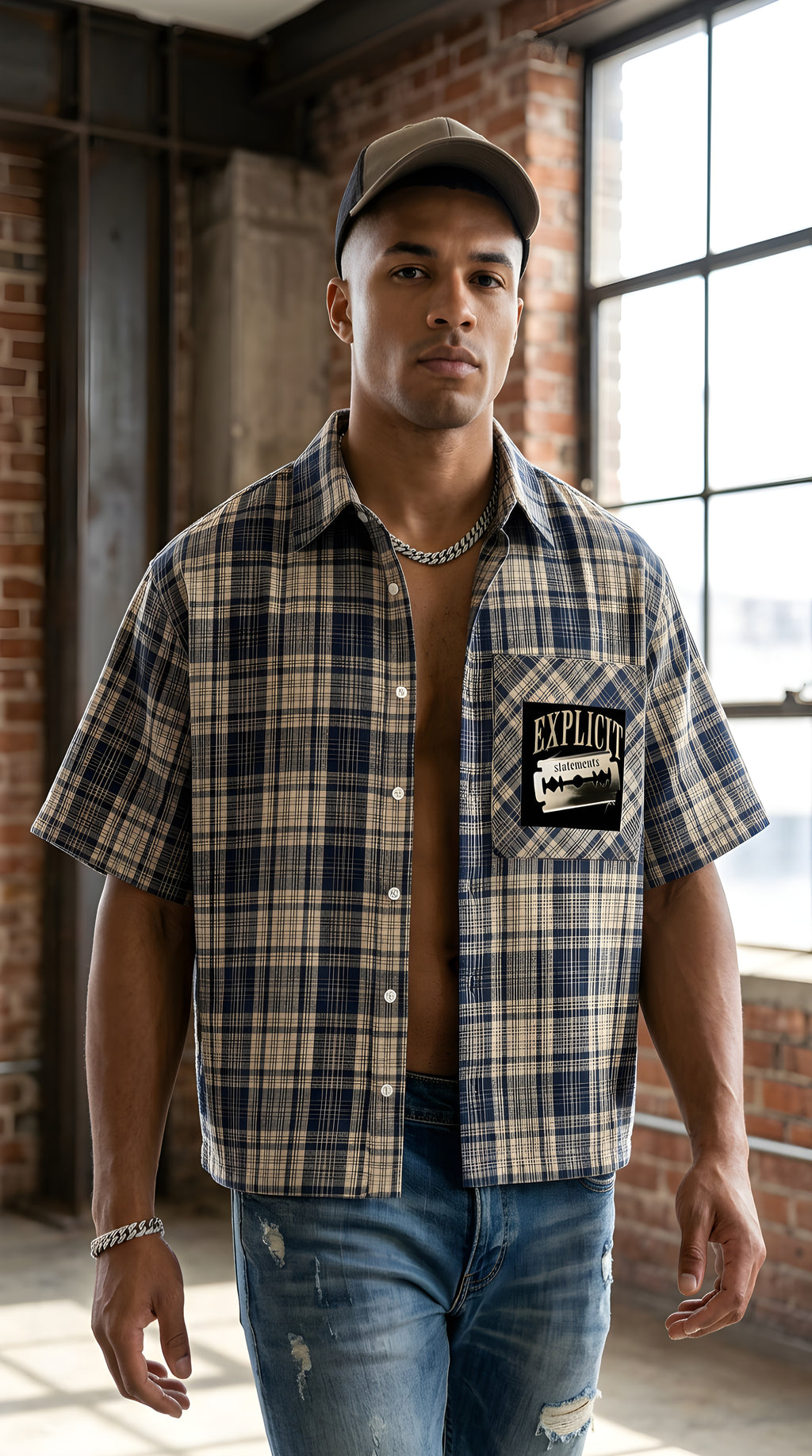 Mens 'EXPLICIT' Plaid Boxy Short Sleeve Shirt