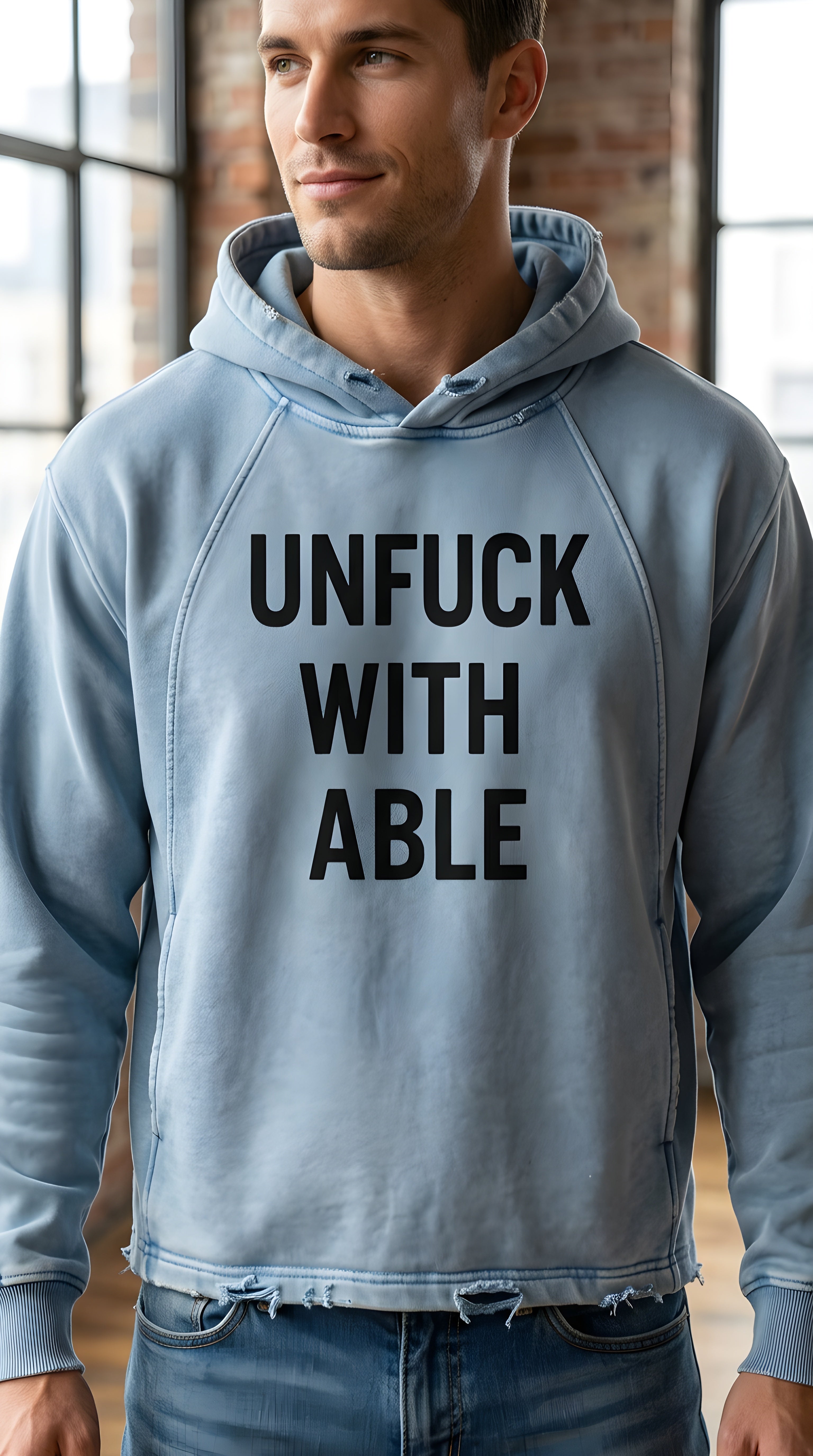Mens 'UNFUCKWITHABLE' Vintage Washed Frayed-Hem Hoodie