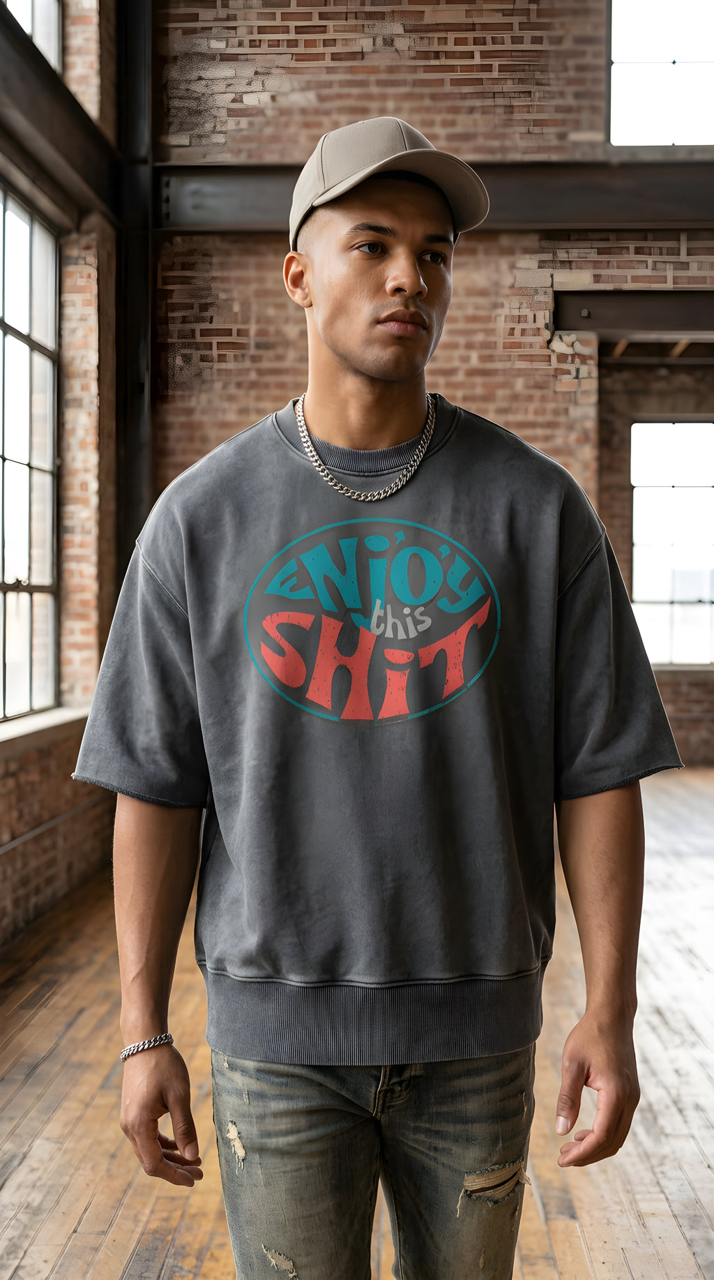 Mens 'ENJOY THIS SHIT' Mineral Wash Boxy Raw Edge Shirt