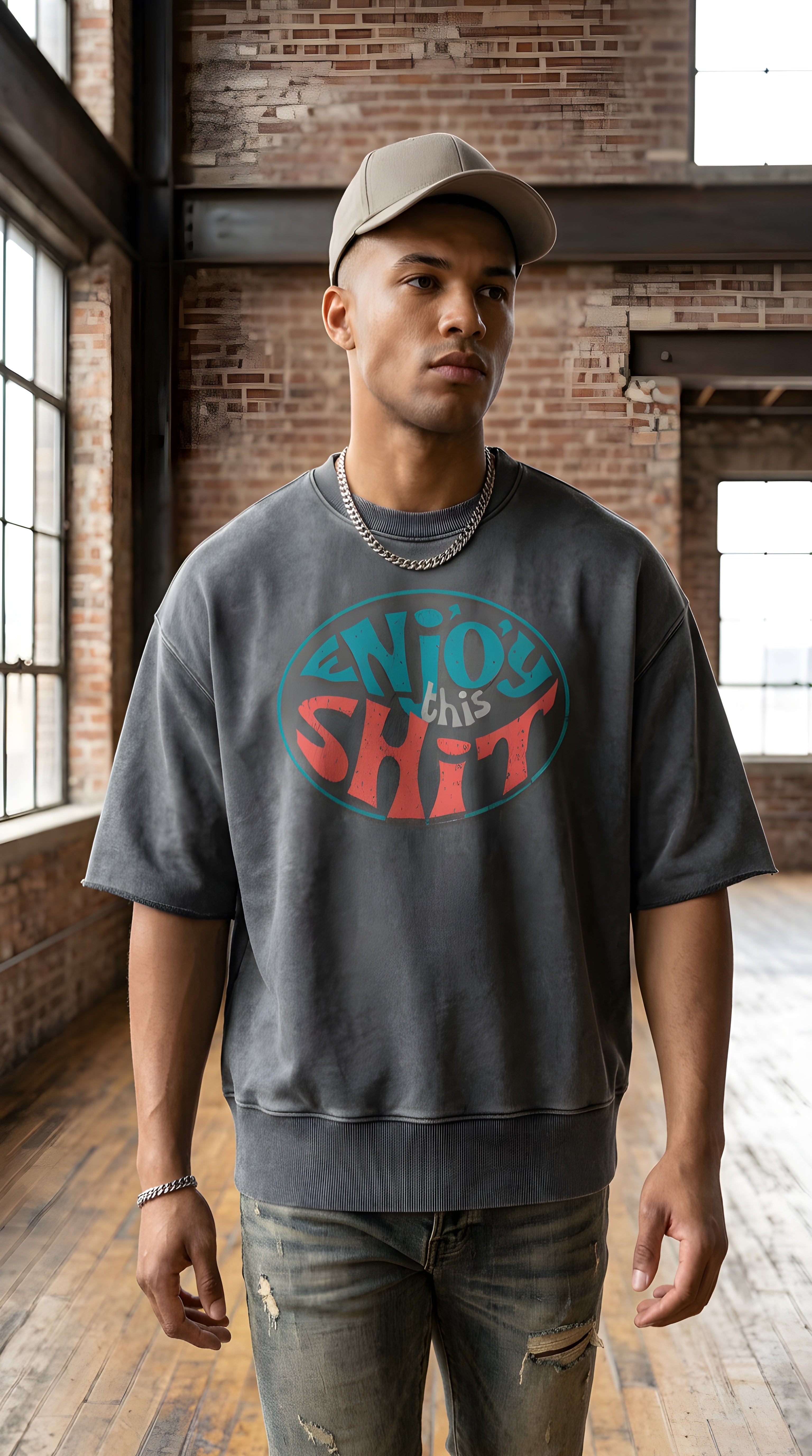 Mens 'ENJOY THIS SHIT' Mineral Wash Boxy Raw Edge Shirt