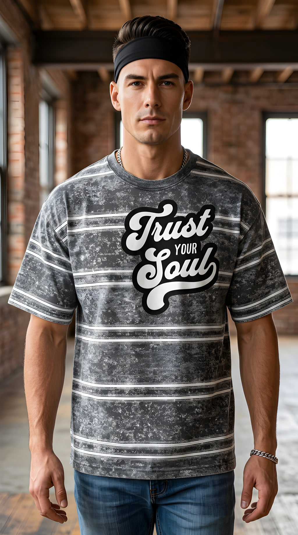 Mens 'TRUST YOUR SOUL" Snow Washed Striped Boxy Tee