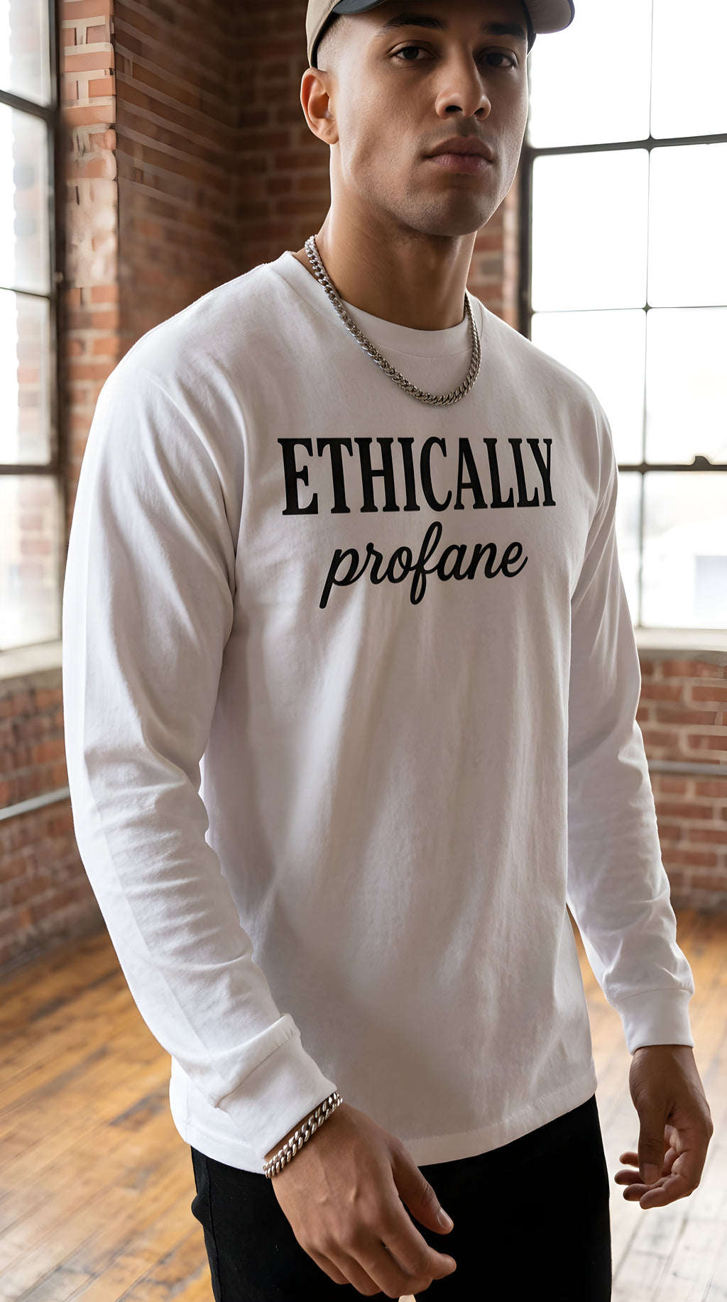 Mens 'ETHICALLY PROFANE" Crew Neck Drop Shoulder Long Sleeve Shirt