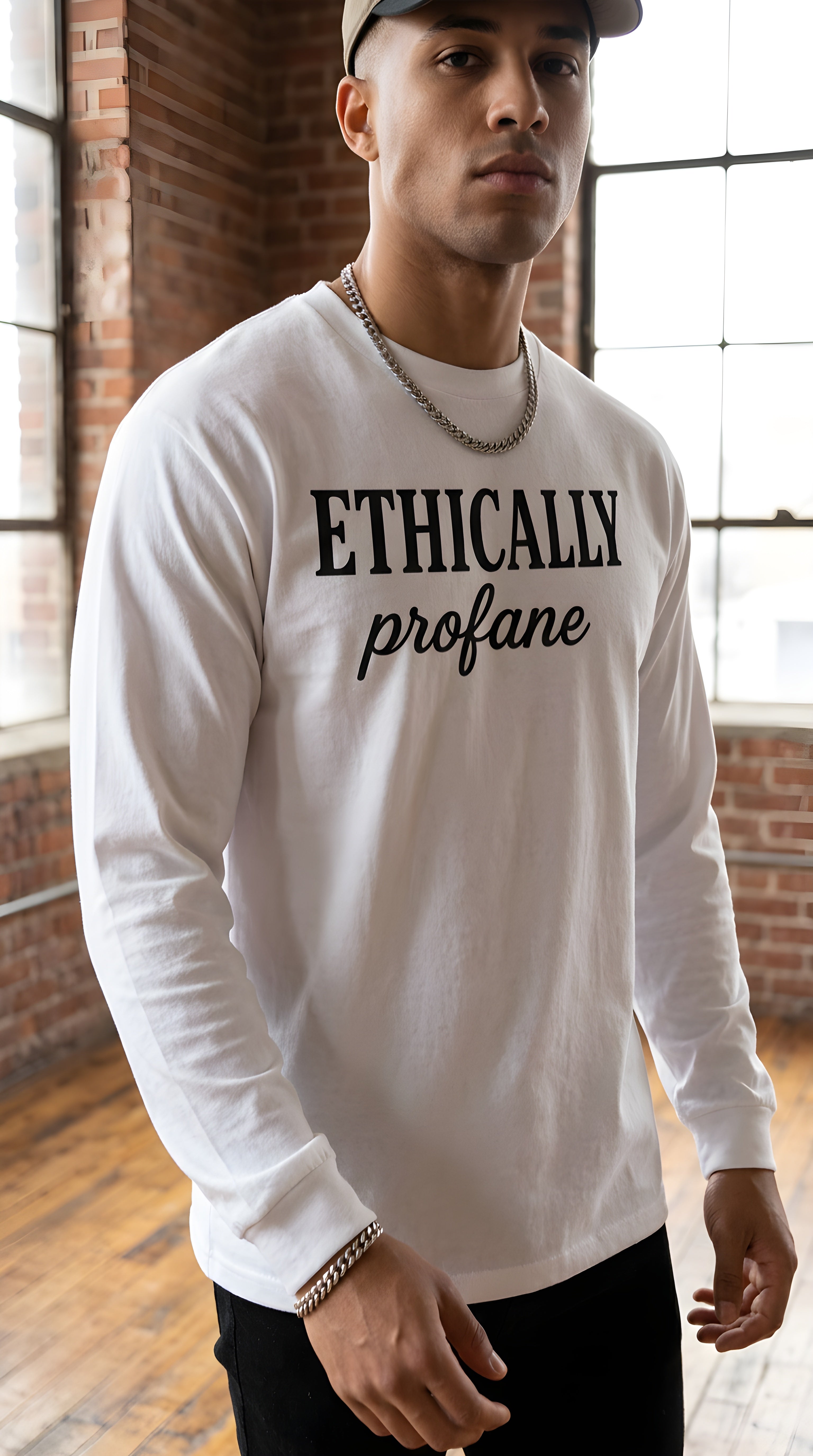 Mens 'ETHICALLY PROFANE" Crew Neck Drop Shoulder Long Sleeve Shirt