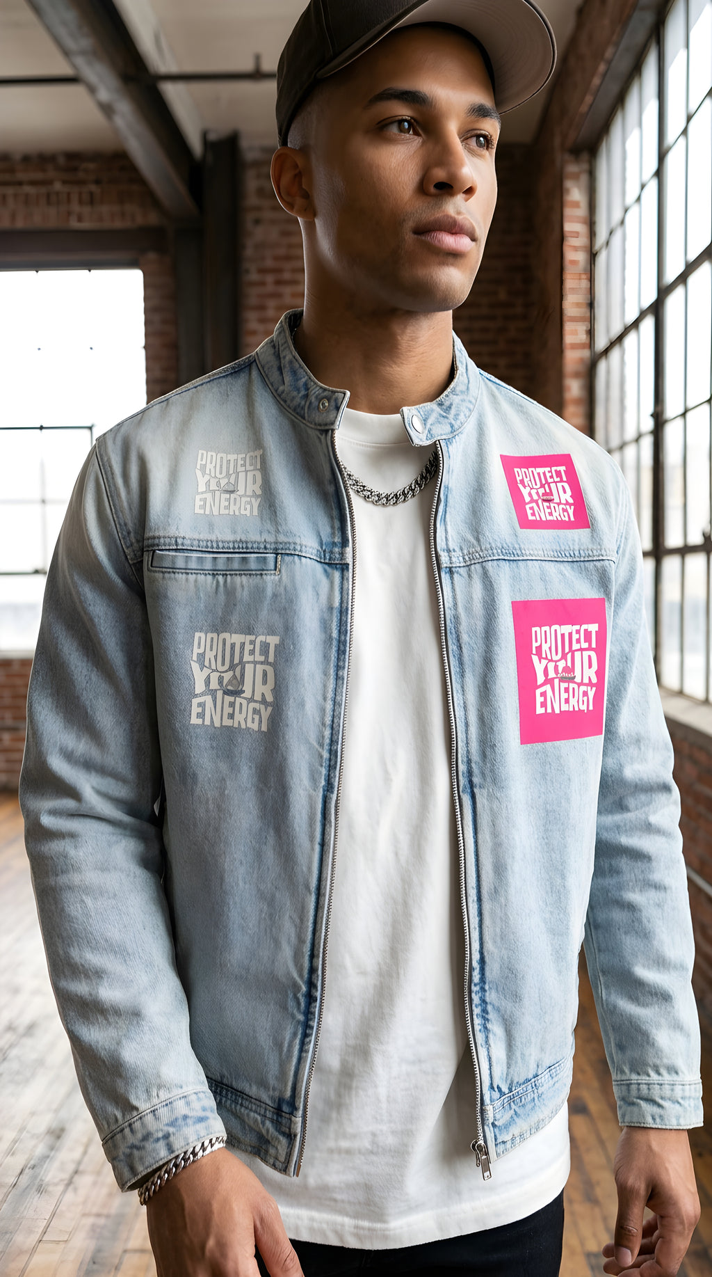 Mens 'PROTECT YOUR ENERGY"  Vintage Wash Zip Denim Jacket
